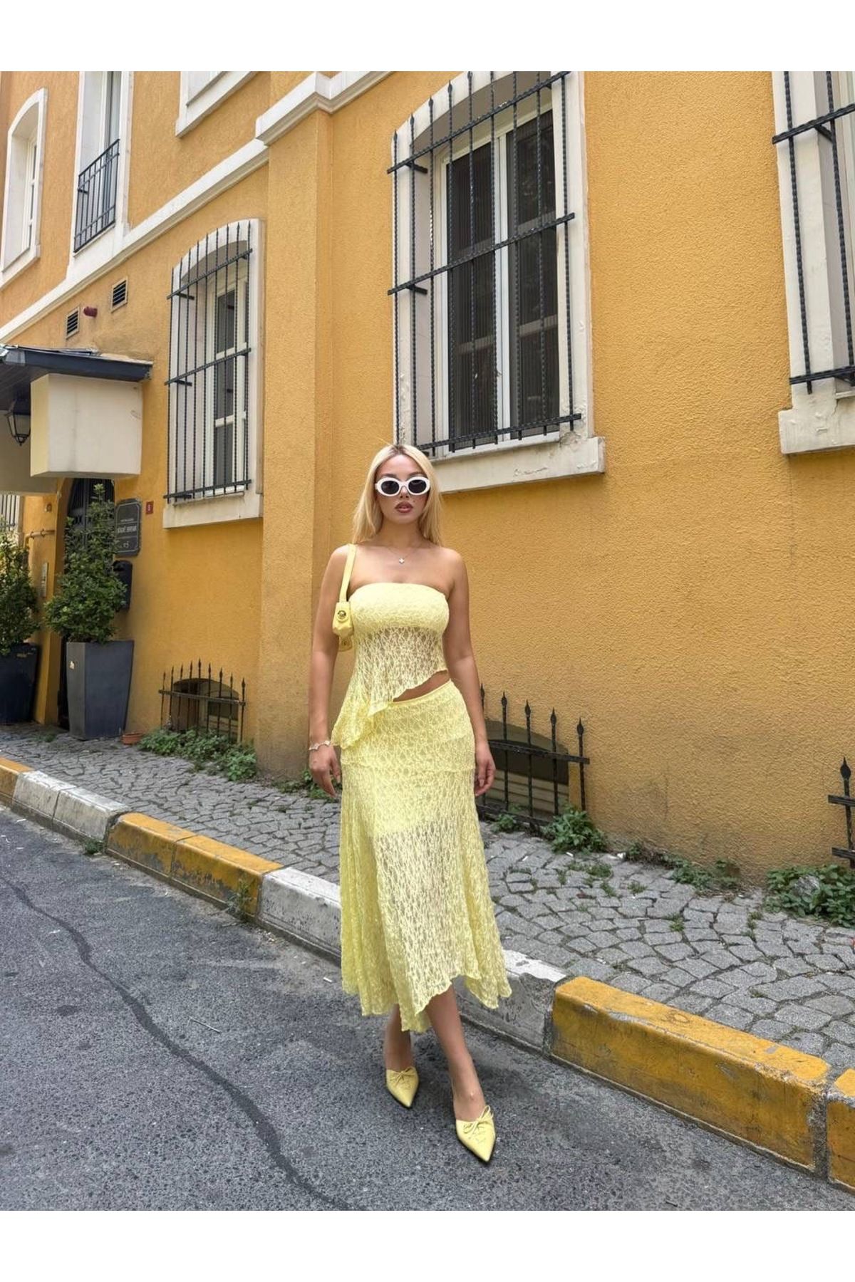 Ekim Store Flok Baskı Dantelli Straplez Bluz Etek İkili Takım
