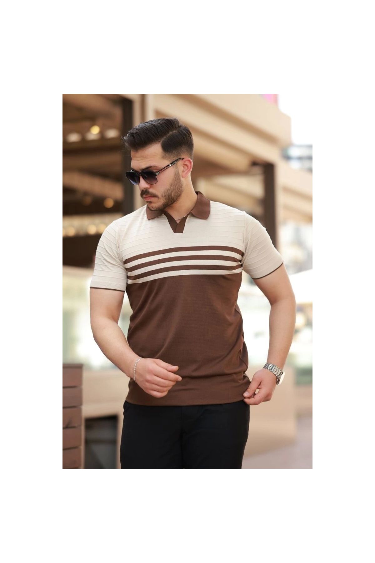 Marsilyan - Erkek çizgi Desenli Yakalı Kısa Kollu T-shirt