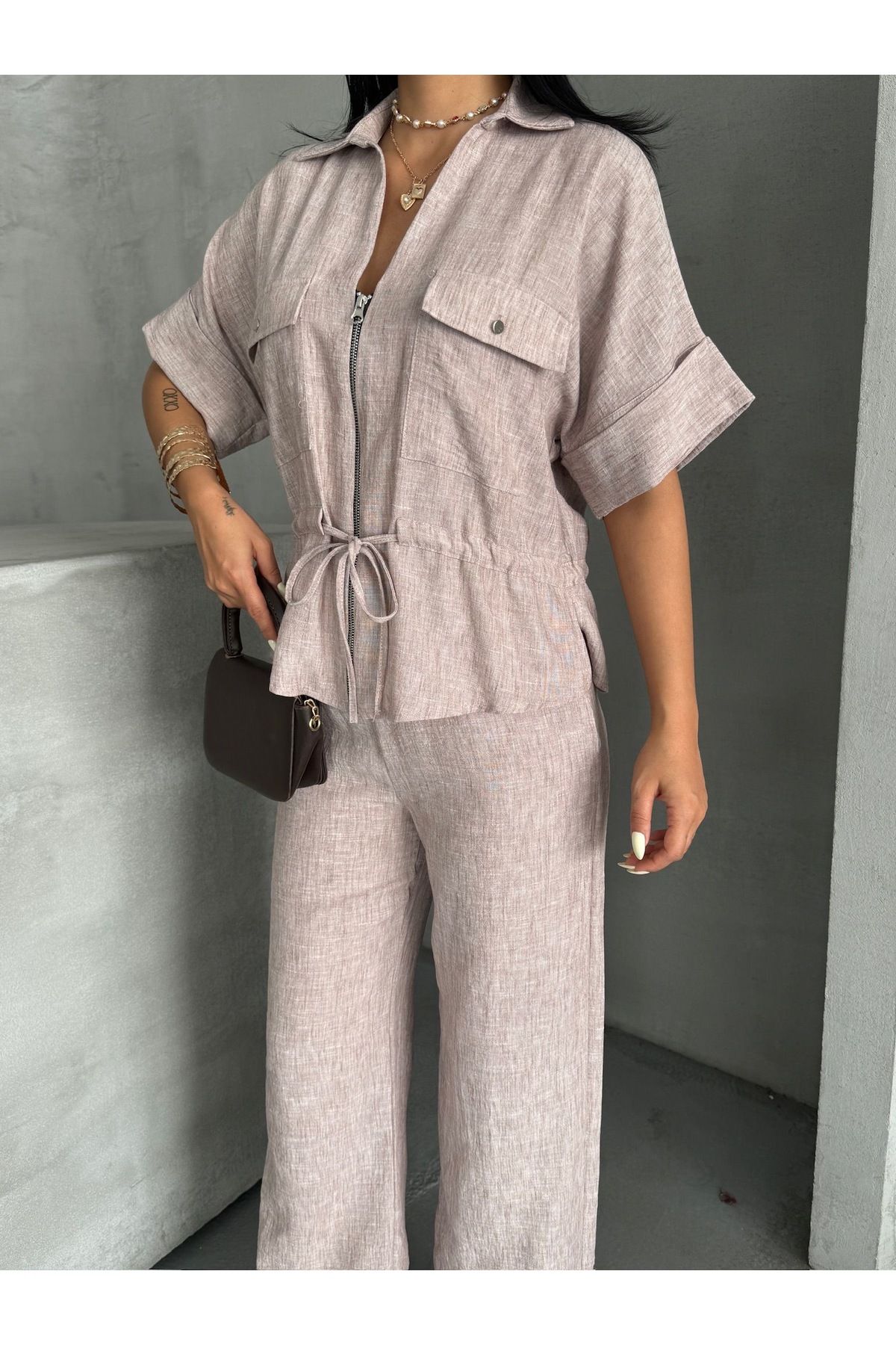 Ekim Store Yeni Sezon Keten Fermuarlı Ceket Pantolon Takım