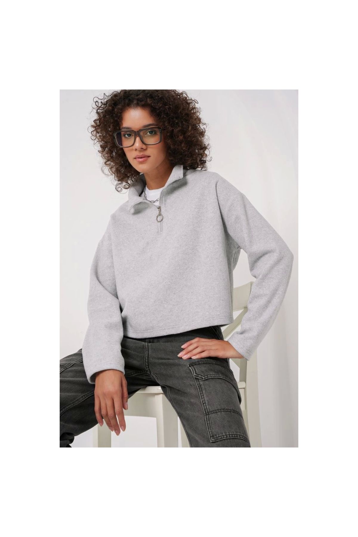 Marsilyan - 55449 Fermuarlı Yaka Örme Sweatshirt Gri