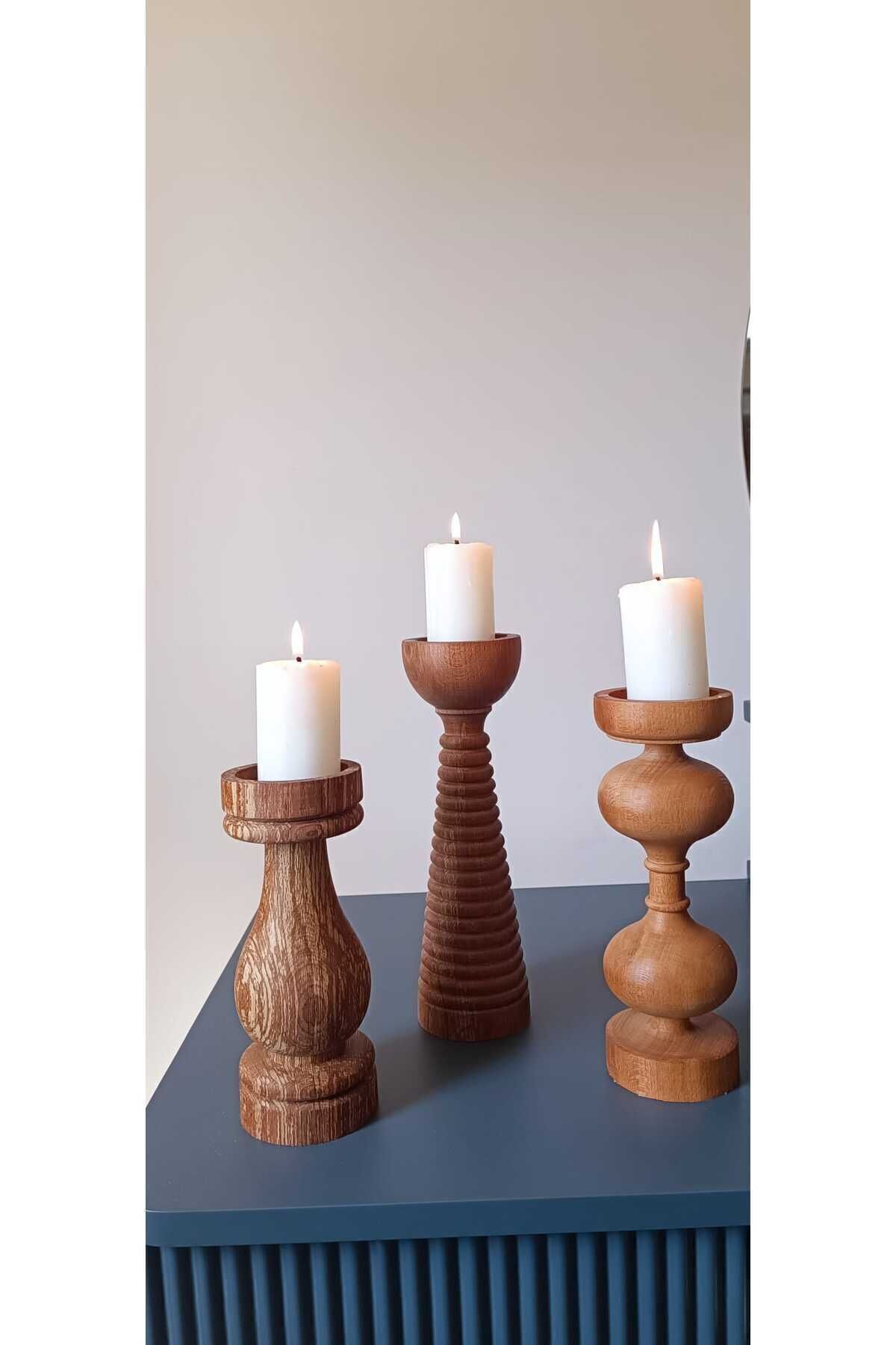 Elioure Doğal Renkli Ahşap Mumluk, Şamdan ve Aksesuar, 25/22/19 cm, Mum Çapı 5,5 cm
