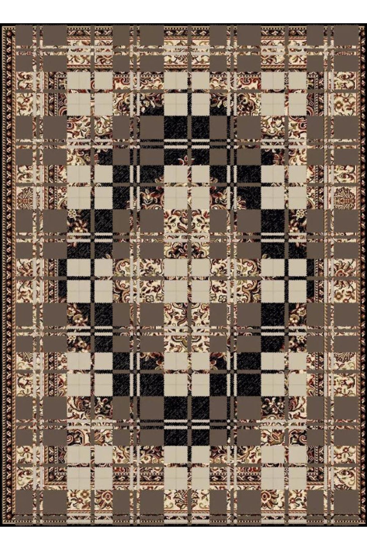 Rugs Modern Halı Kemal Koleksiyonu Kahve Bej Tonlar Ekose Detaylı Klasik Desenli Dokuma Taban Dekoratif Halı kemal75