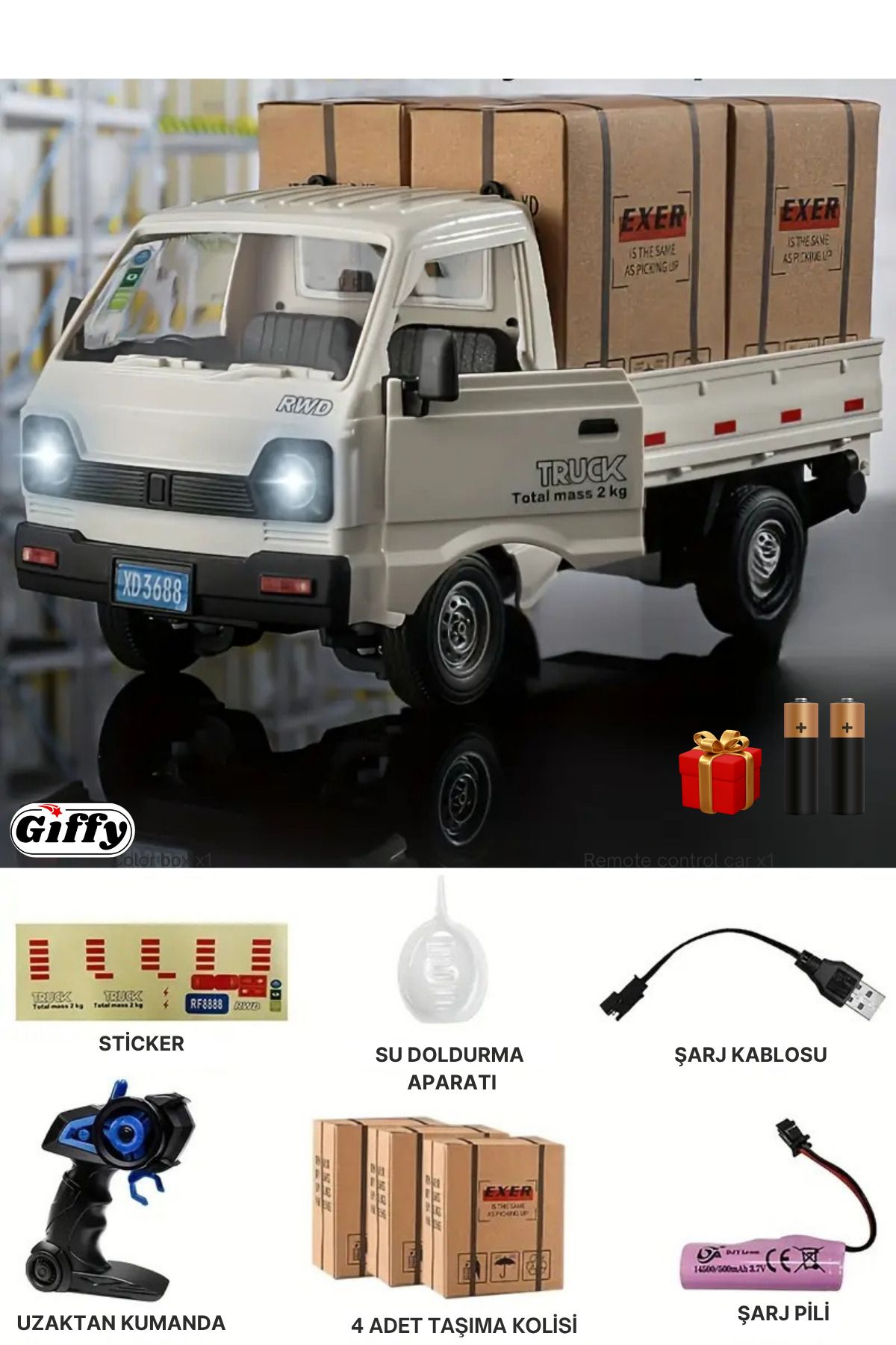 giffy Uzaktan Kumandalı RC Kamyonet ,Yük Taşıma Aracı ,Sesli ,Işıklı ,Şarjlı ,(Pil Hediyeli),2.4 Ghz Araç