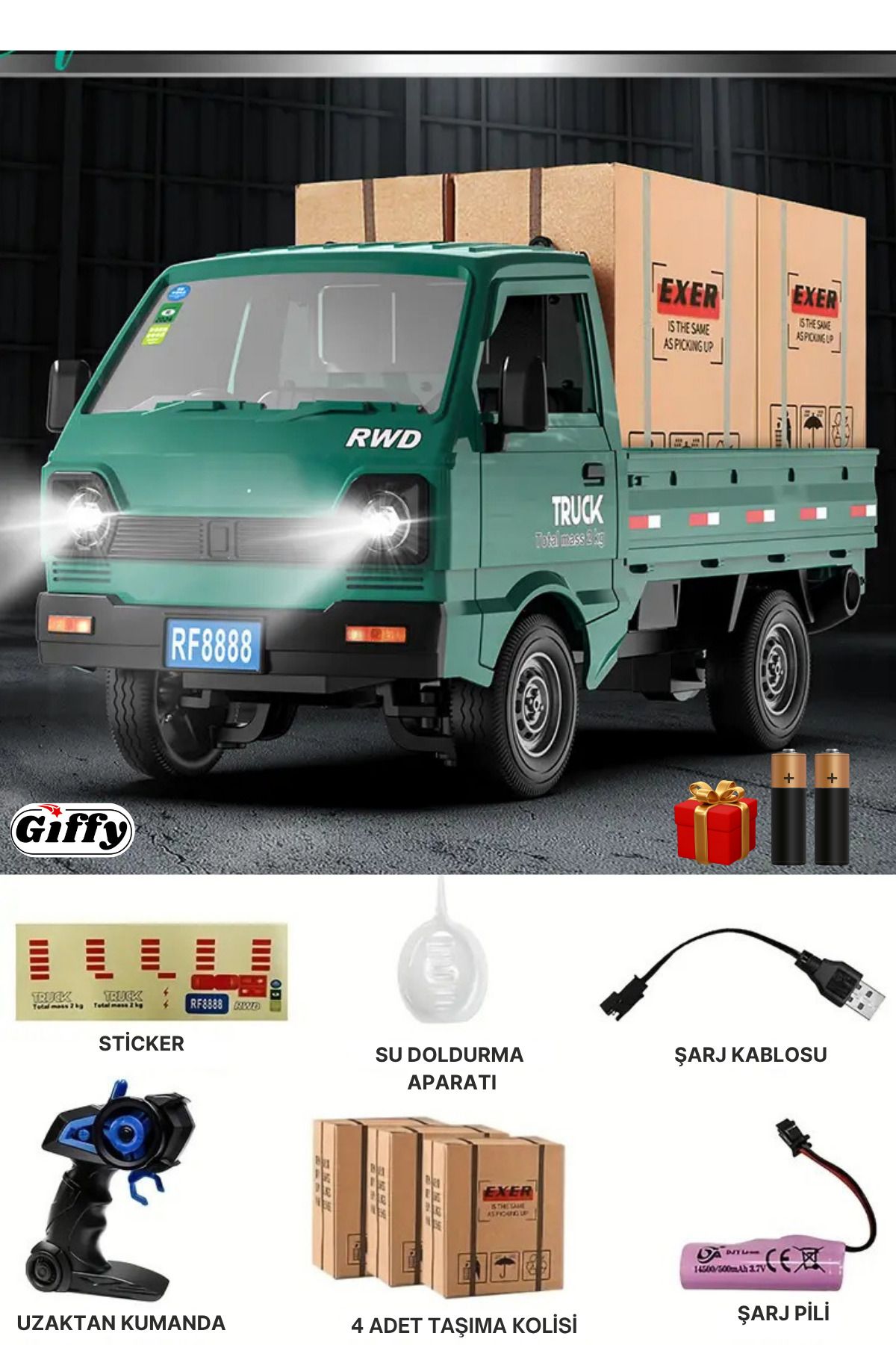 giffy Uzaktan Kumandalı RC Kamyonet ,Yük Taşıma Aracı ,Sesli ,Işıklı ,Şarjlı ,(Pil Hediyeli),2.4 Ghz Araç