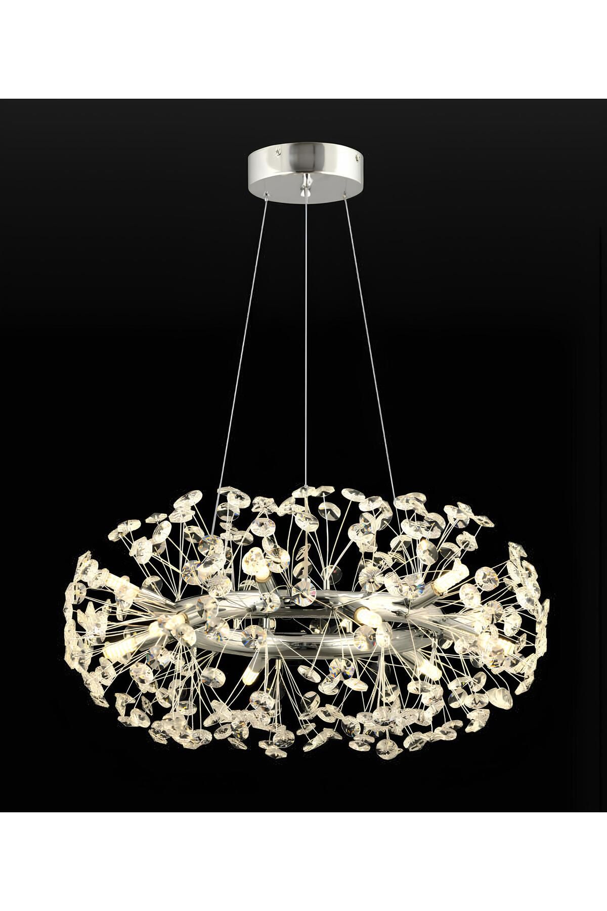 burenze Luxury Collection Modern Tasarım Kristal Taşlı Sarkıt Avize 55 Cm Krom Gümüş