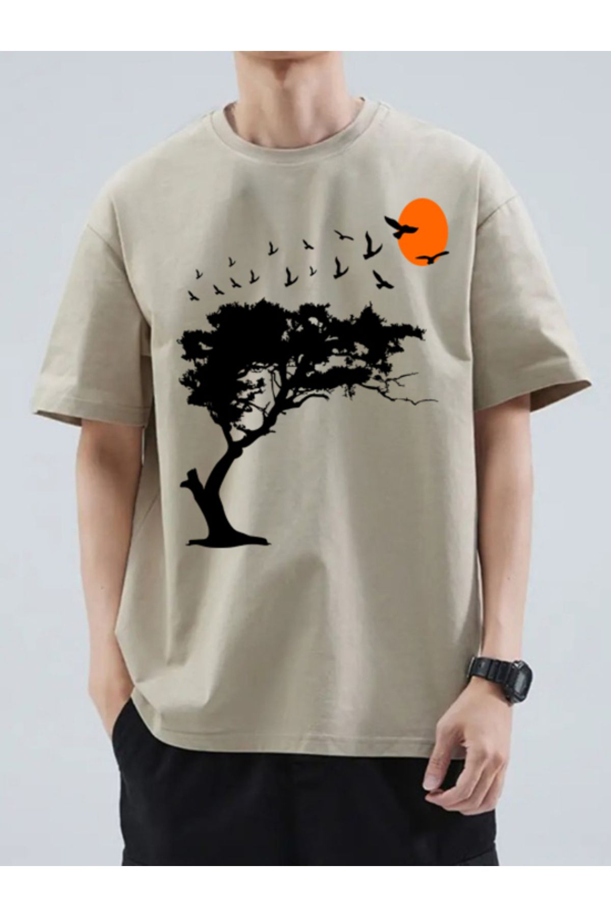 MARKATEM nature baskılı bisiklet yaka rahat kalıp oversize t-shirt