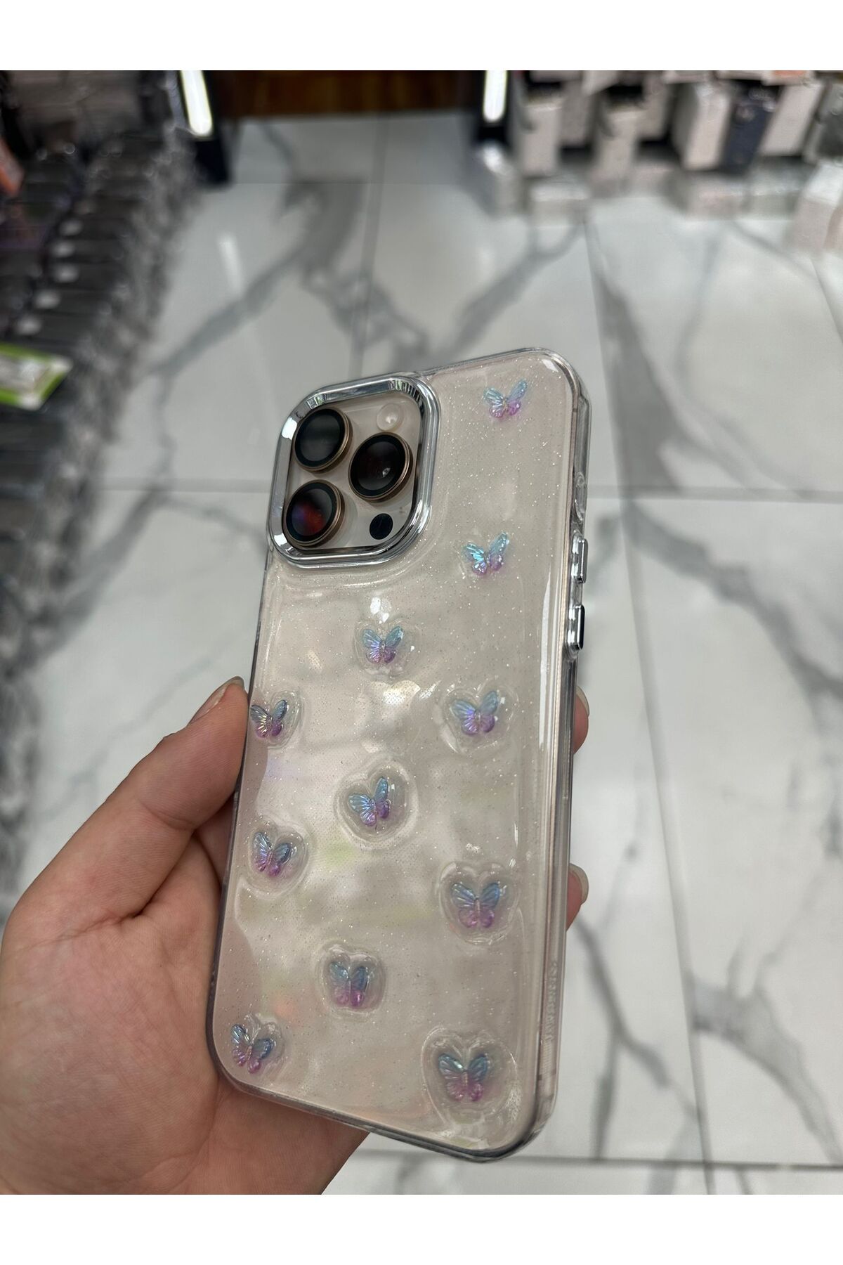 Bilişim Akademi iPhone 16 Pro Max Uyumlu Simli Kılıf Parlak Yumuşak Kelebek Desenli Kılıf
