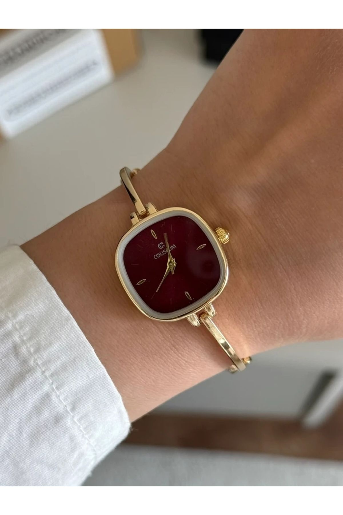 RoseandRoses Lorven Tasarım İnce Kordon Kadın Kol Saati Gold (Bordo Kadran)