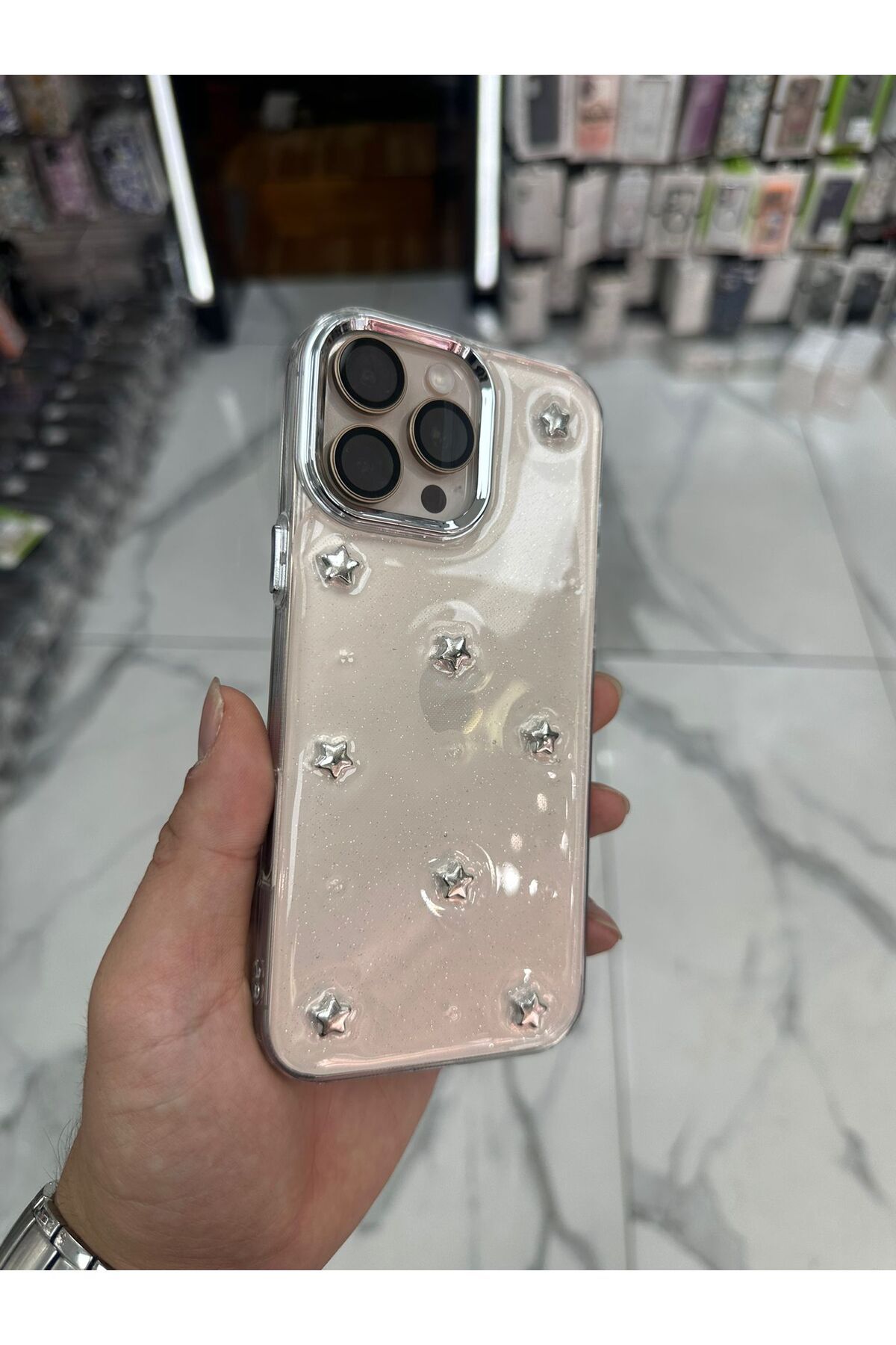 Bilişim Akademi iPhone 14 Pro Uyumlu Simli Kılıf Parlak Yumuşak Yıldız Desenli Kılıf