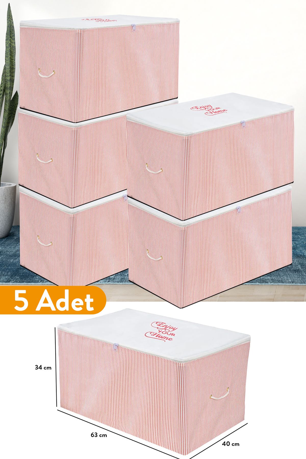 teknotrust 5 Adet Orta Boy Pembe Çizgili Hurç 63x40x34 cm, Şık ve Kullanışlı Depolama Seti