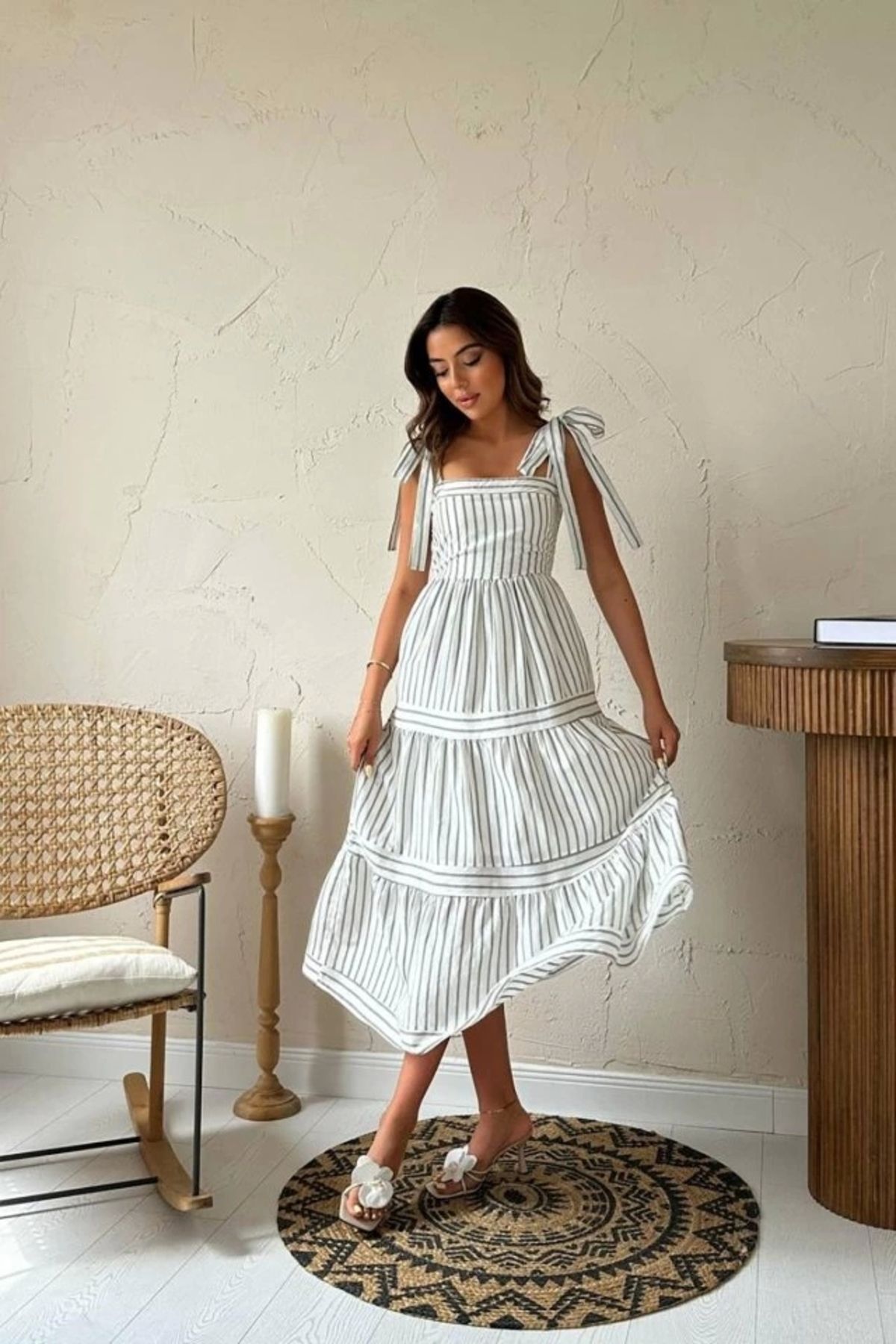 Butik Mint Omuzdan Bağlamalı Çizgili Elbise