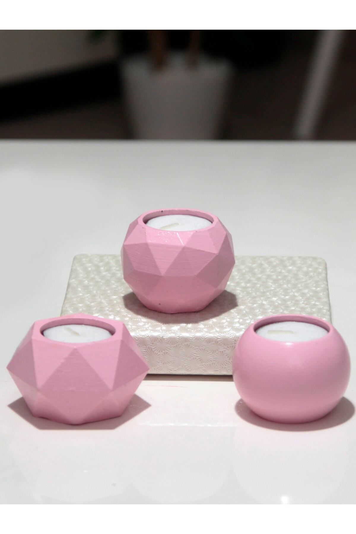 teknotrust Soft pembe beton tealight mumluk seti, şık ve modern dekoratif aksesuar.