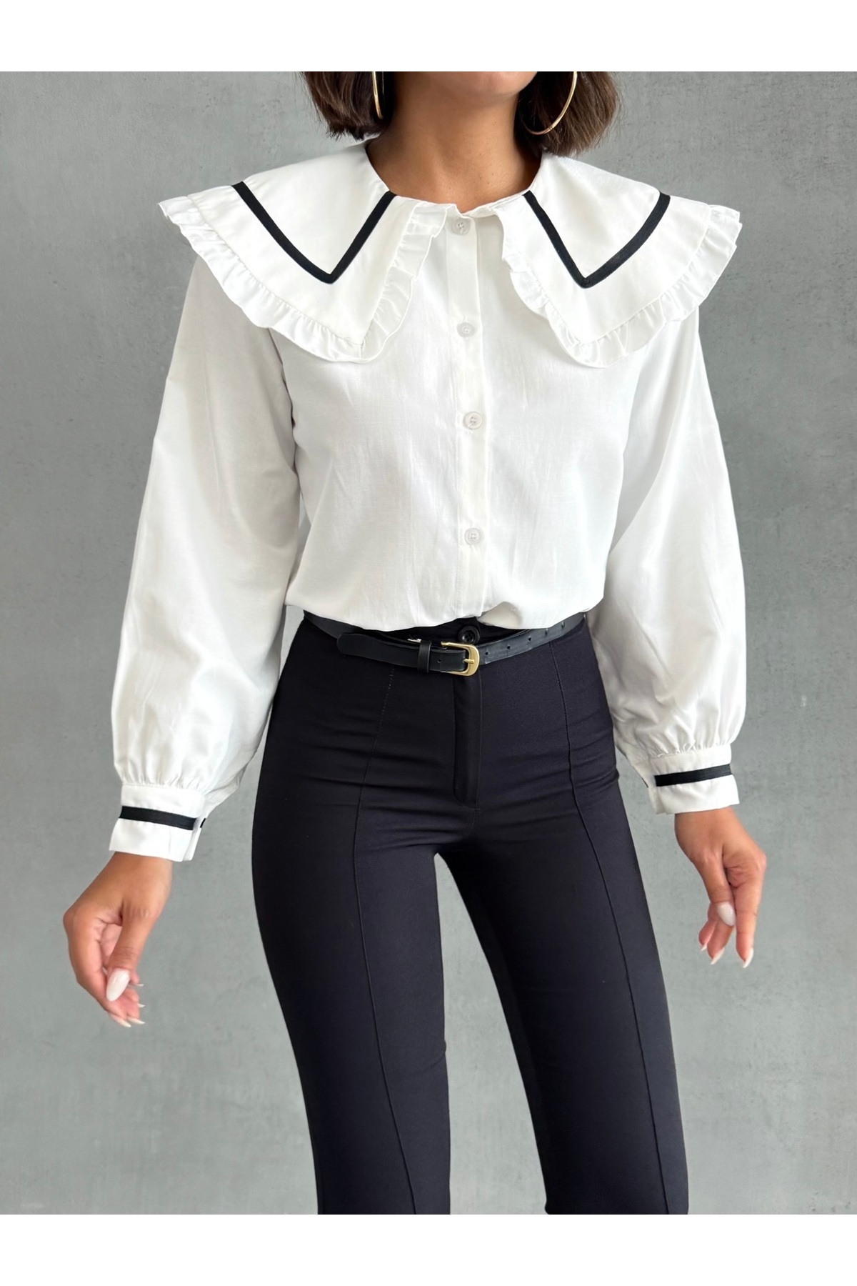 Lusin Дамска бяла стилна риза с дълъг ръкав и яка