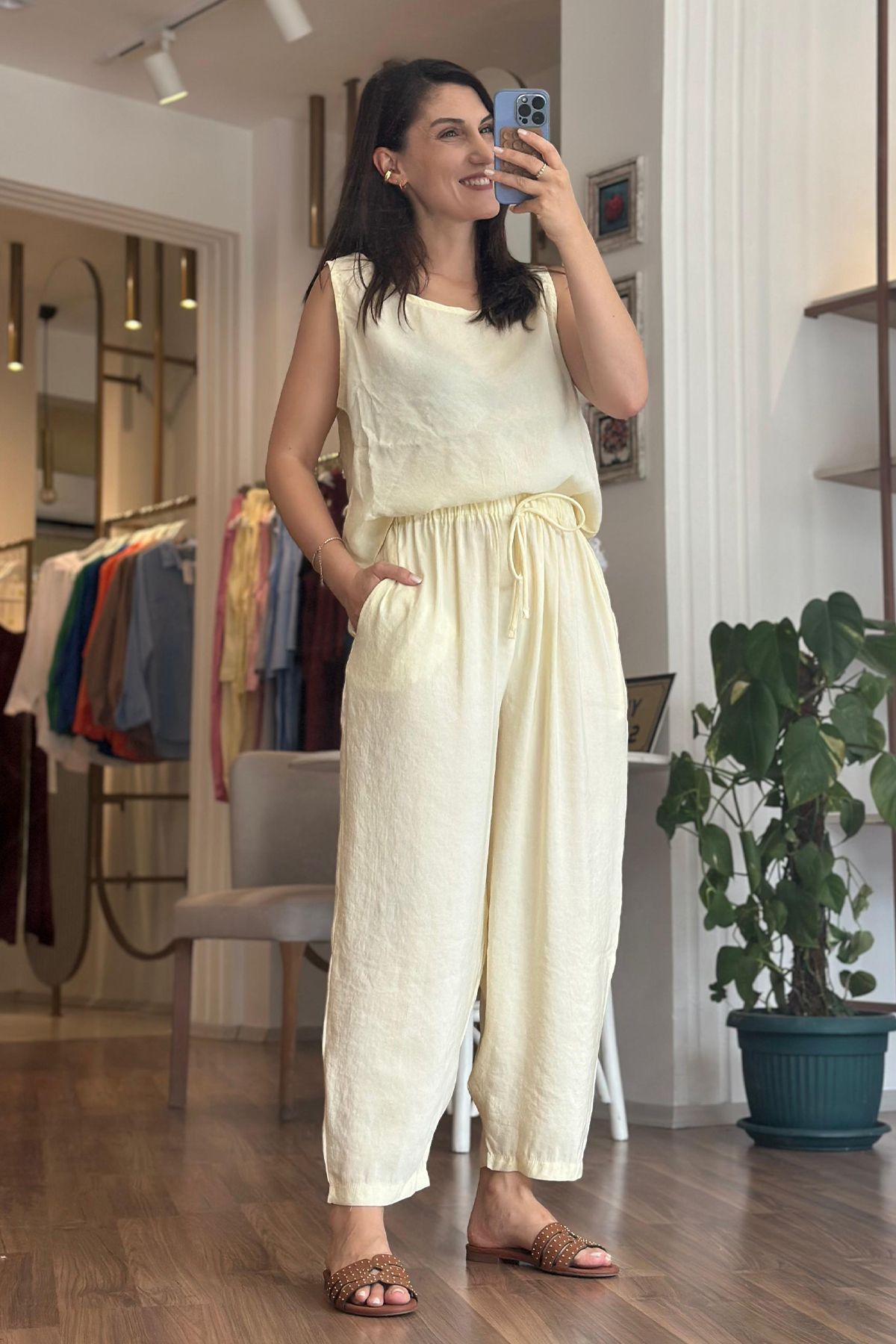 Unique Boutique Sarı İnce Modal Kumaş Alt Üst Takım