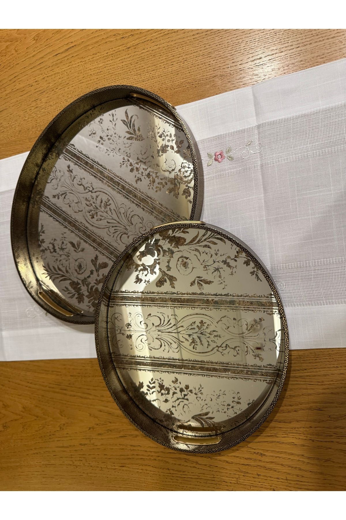 Saatistan İki Parçalı Deri Görünümlü Aynalı Oval Tepsi Seti, Büyük ve Küçük Boy