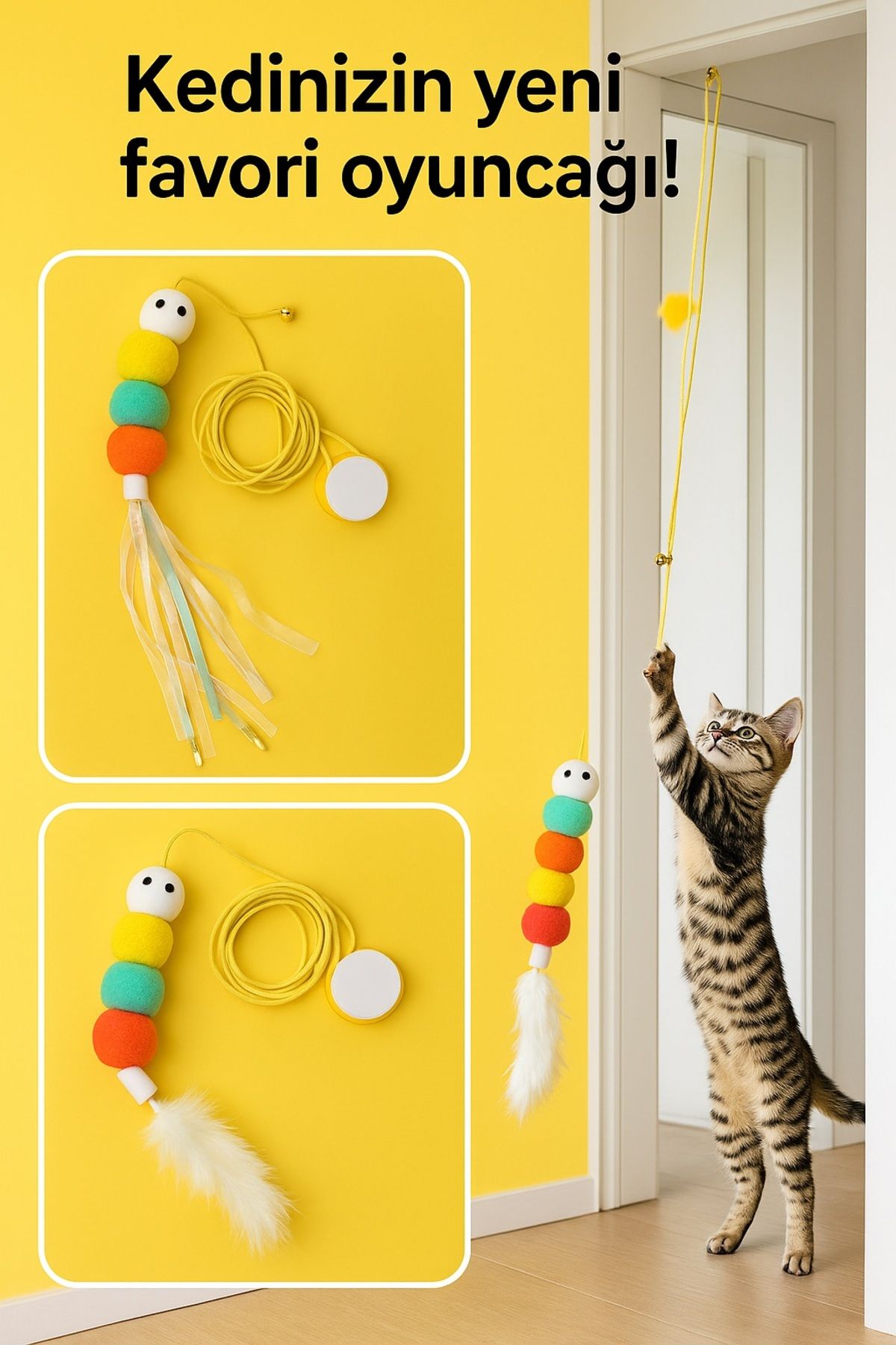 poswicon Elastik Solucan Model Kendinden Yapışkanlı Çanlı Kedi Oyuncağı Kedi Oltası
