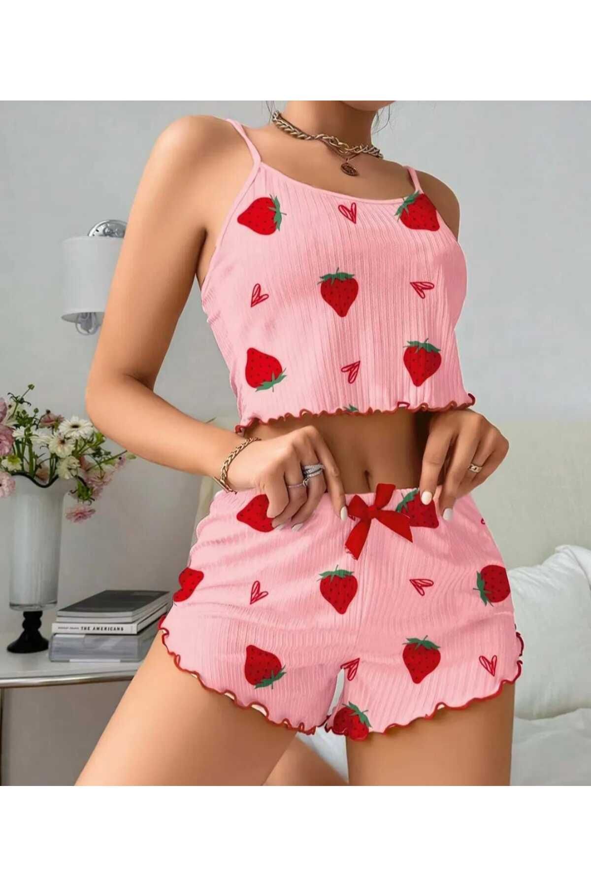 LA VIOR STYLE LA VIOR Penye Kumaş Esnek 2'li Desenli Şort Takım Gecelik