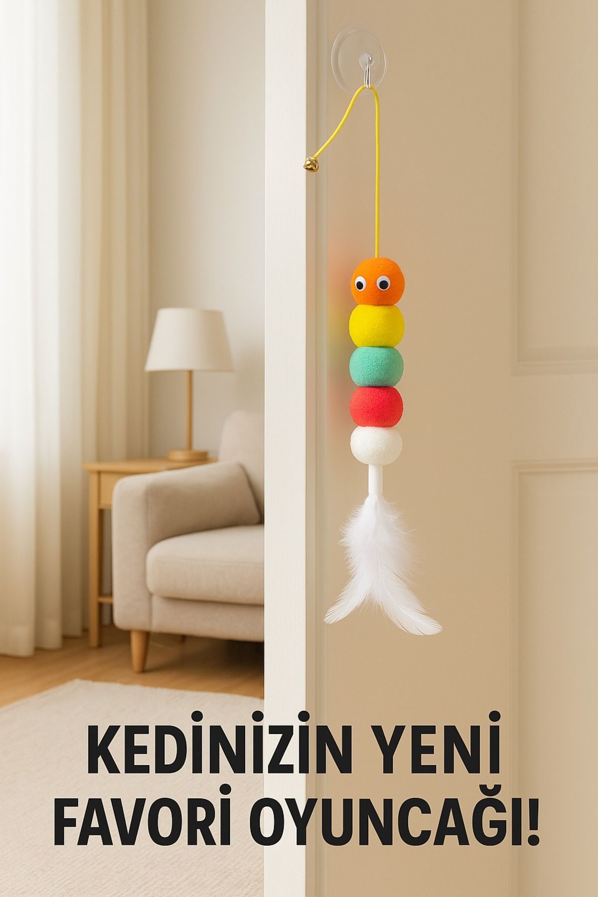 poswicon Elastik Yapışkanlı Kedi Oyun Oltası Çıngıraklı ve Peluş Kuyruklu Oyuncak