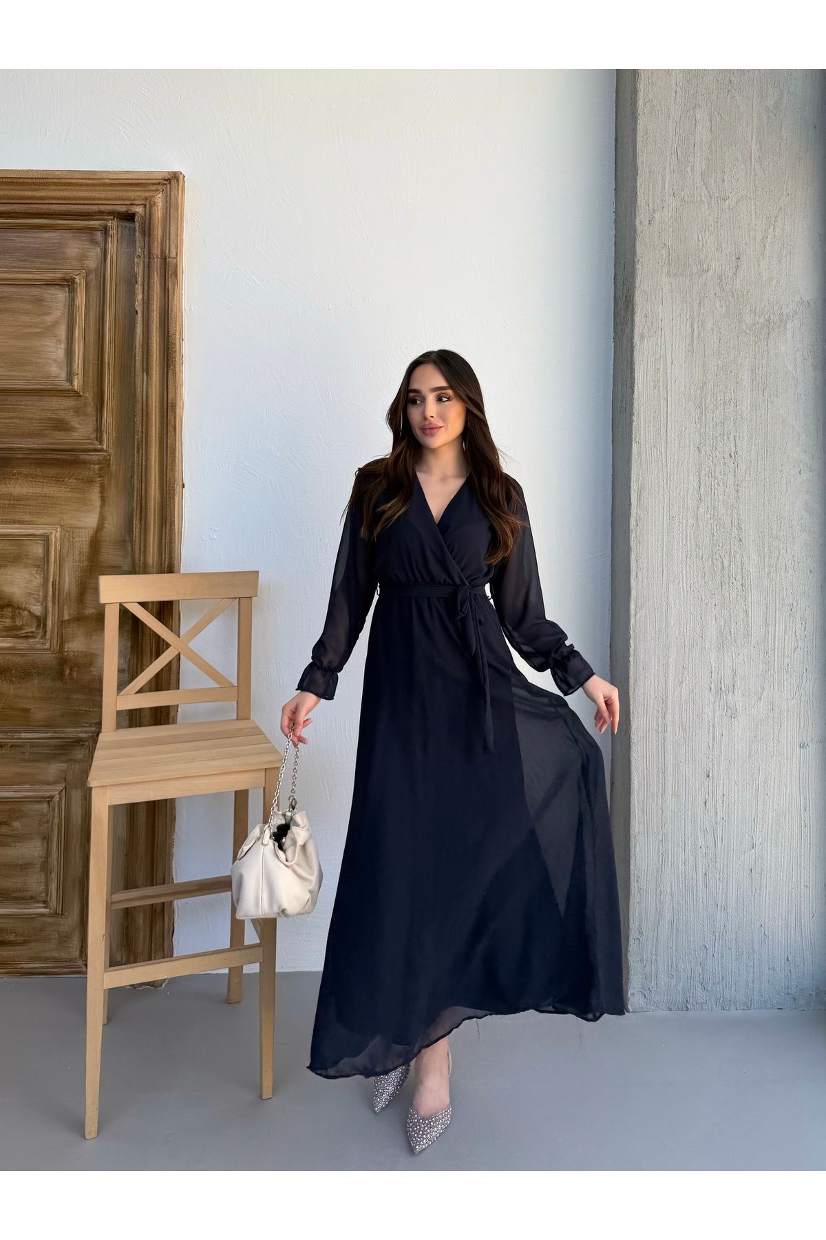 Anna Moda Lacivert Kruvaze Yaka Astarlı Şifon Elbise