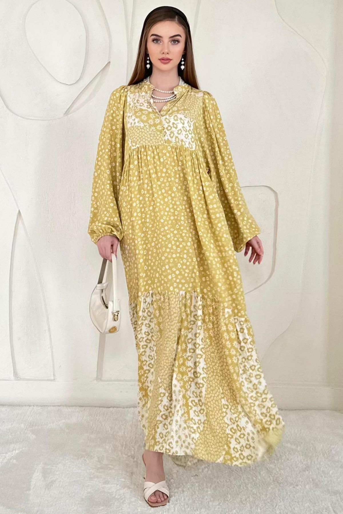 Elbee Fashion Woman Hakim Yaka Uzun Kollu Kuşaklı Elbise