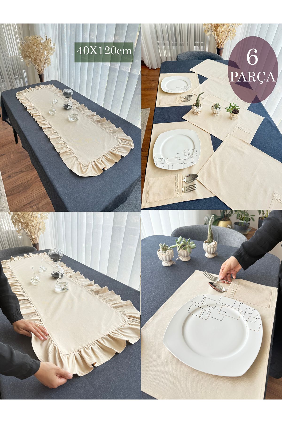 ARS DT Fırfırlı Otantik 40x120cm RUNNER ve 6 Parça Dantelli Cepli AMERİKAN Servis Takımı