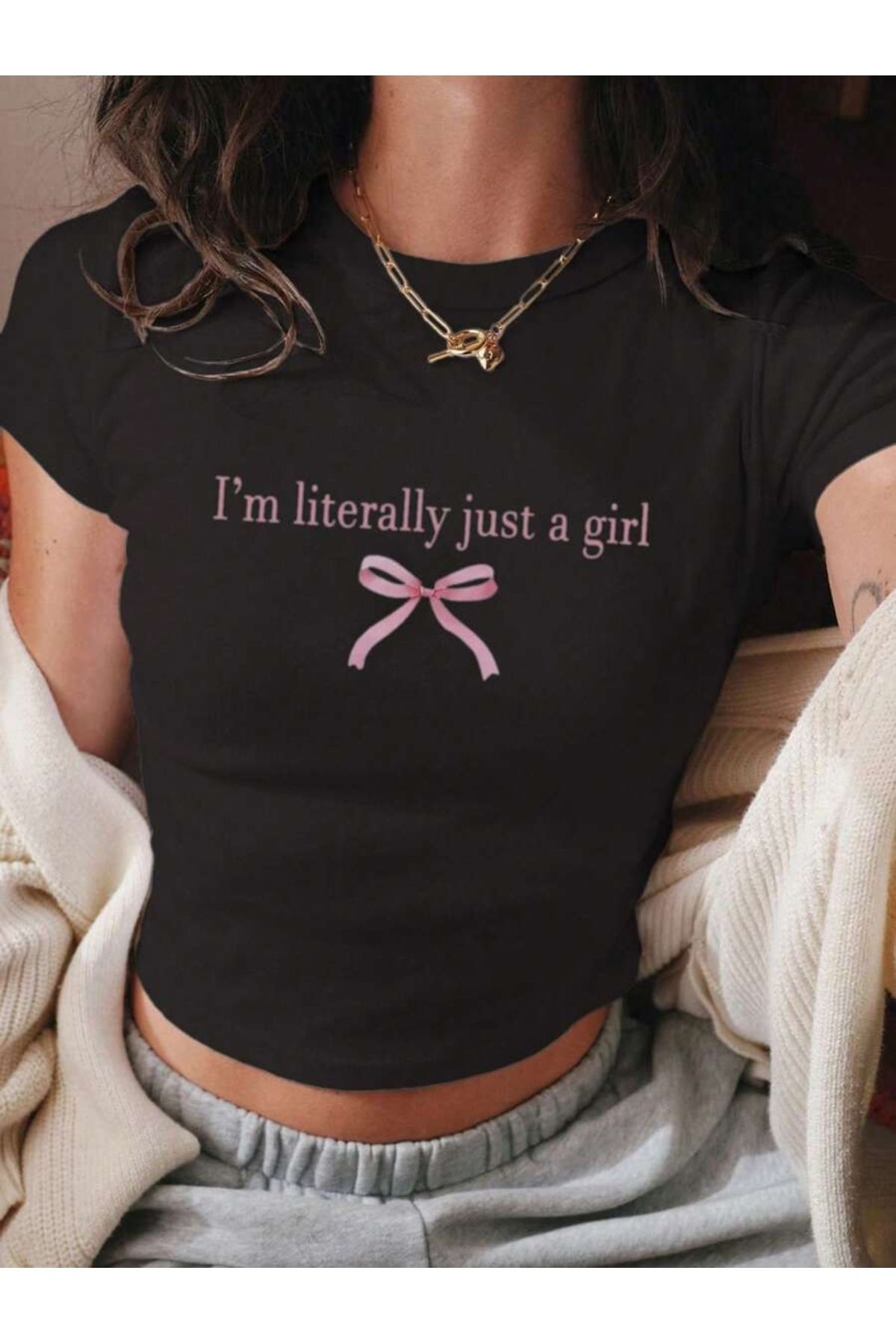 OVER HEAD Kadın Kurdele I'm Literally Just A Girl Baskılı Baby Tee Crop T-shirt
