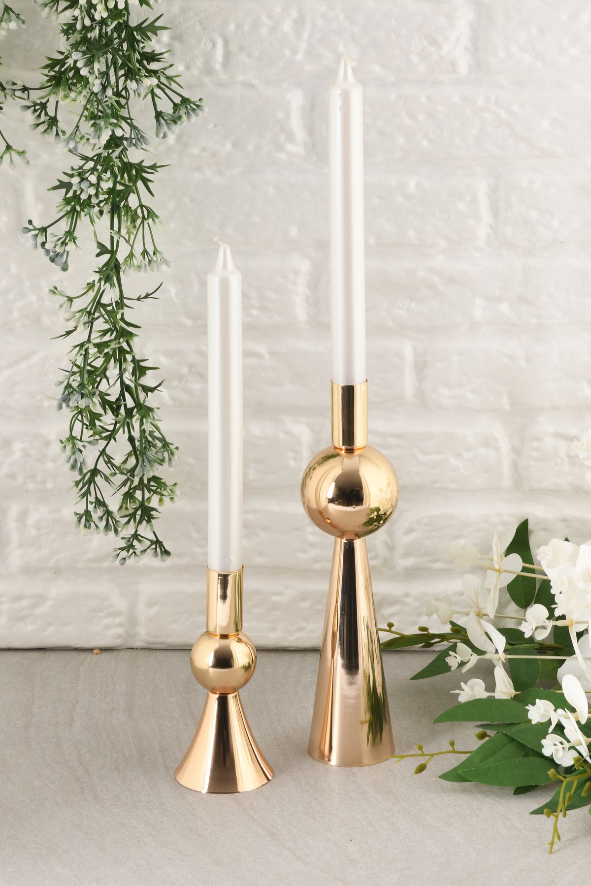 Saatistan Metal Şamdan Çift Set, Gold Renk, Modern Ev Dekoru, Geometrik Tasarım