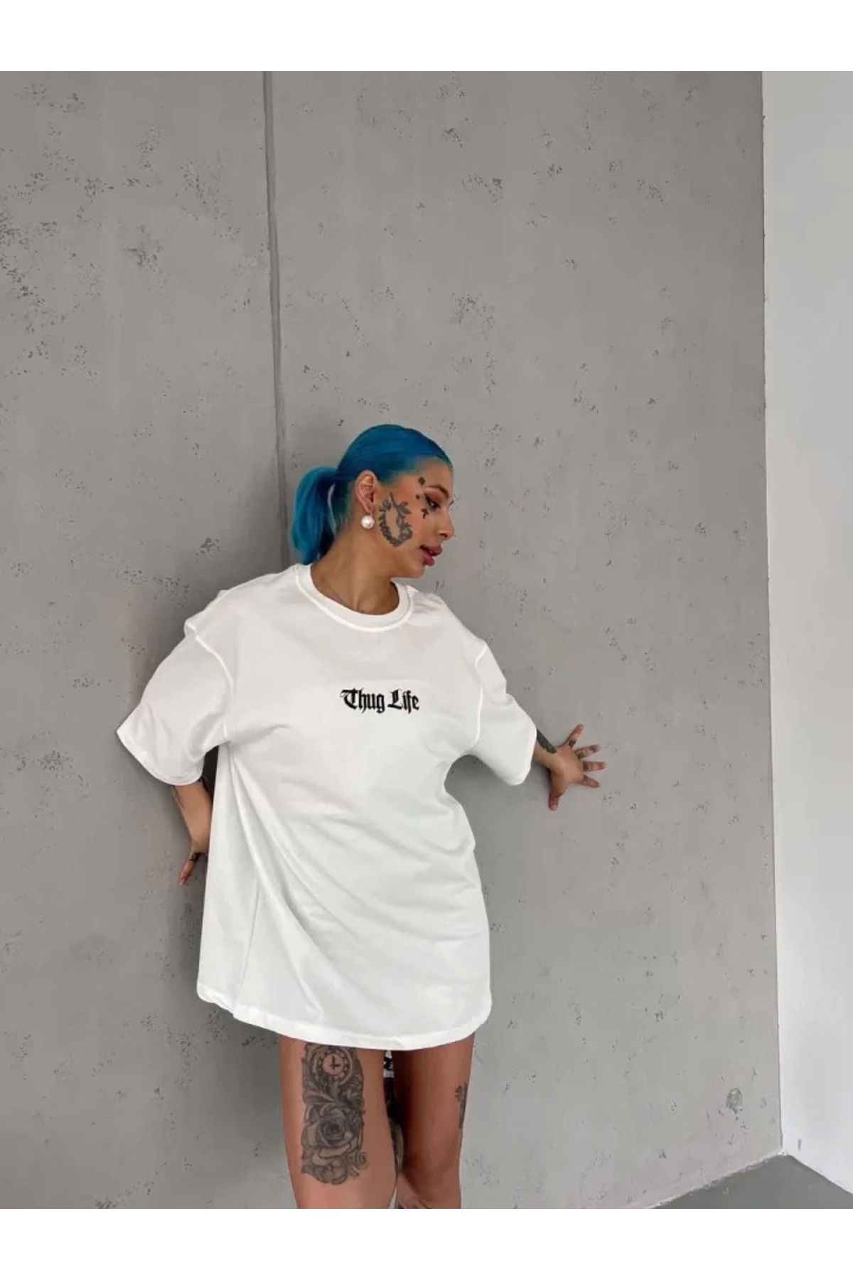 ZORM Beyaz Bisiklet Desenli Oversize T-Shirt