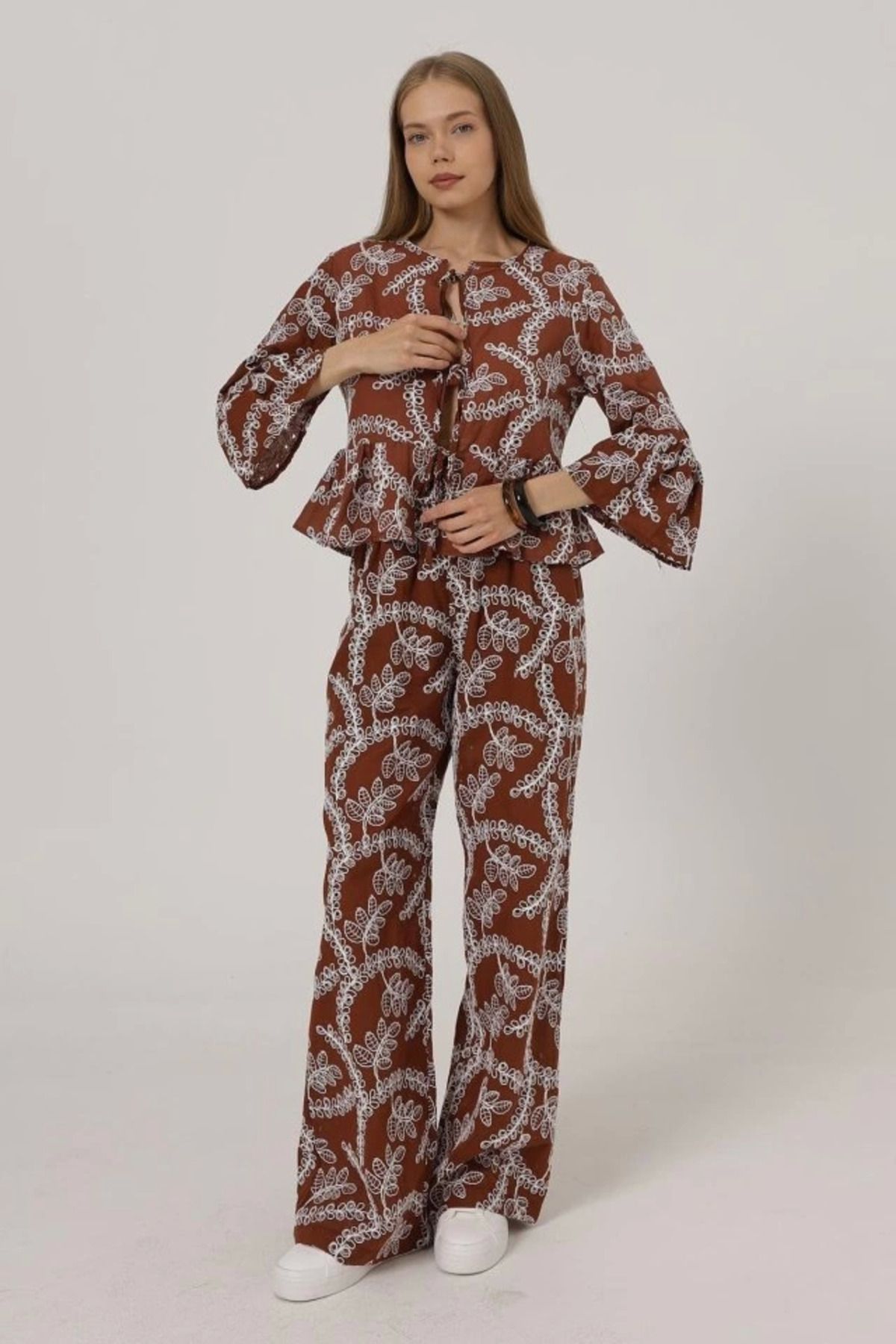ZORM Elegan İşlemeli Oversize Pantolon - Kahve Tonları