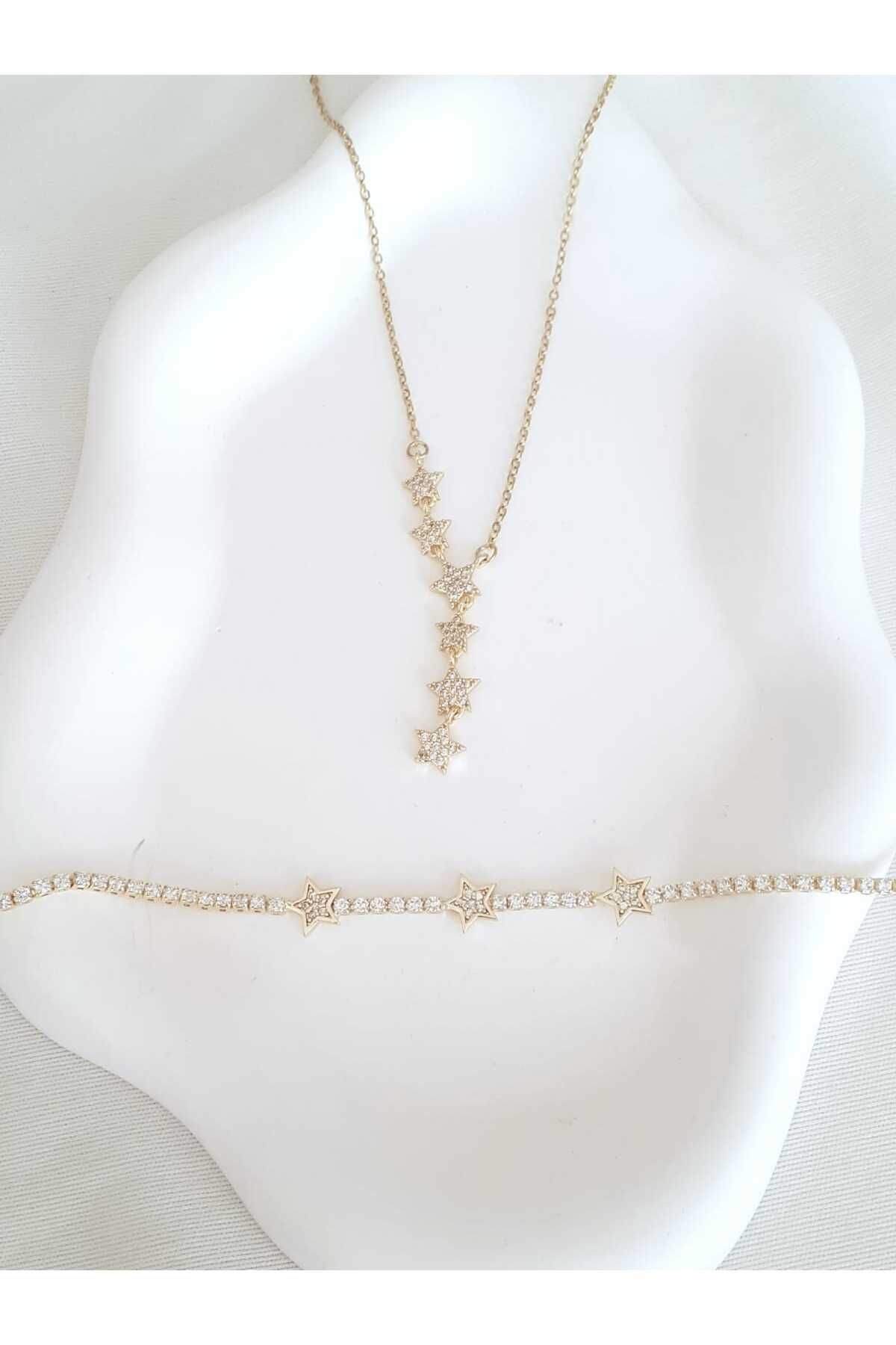 bijoux uniques Çelik Gold Kayan Yıldız Kolye&Bileklik Set