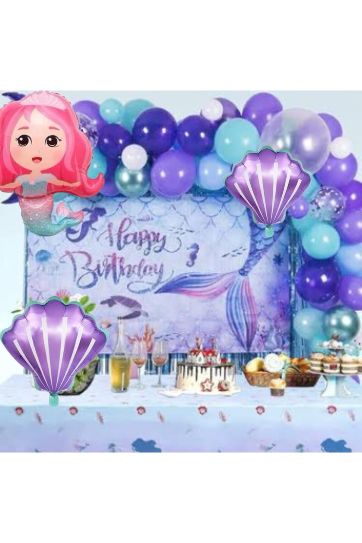 klbk PEMBE - MOR DENİZ KIZI FOLYO BALONLU DOĞUM GÜNÜ KONSEPTİ