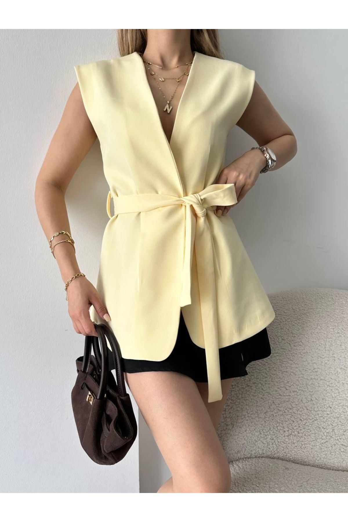 Ekim Store Kuşaklı Oversize Blazer Yelek Ceket