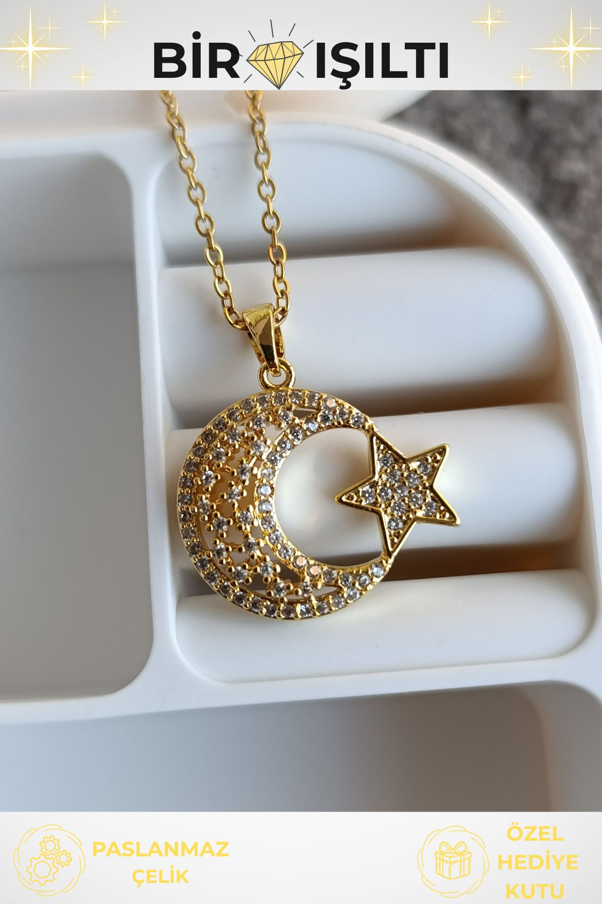 Birmem Kadın Tamamı Zirkon Taşlı Işıltılı Ay Yıldız Figürlü Paslanmaz Çelik Kolye