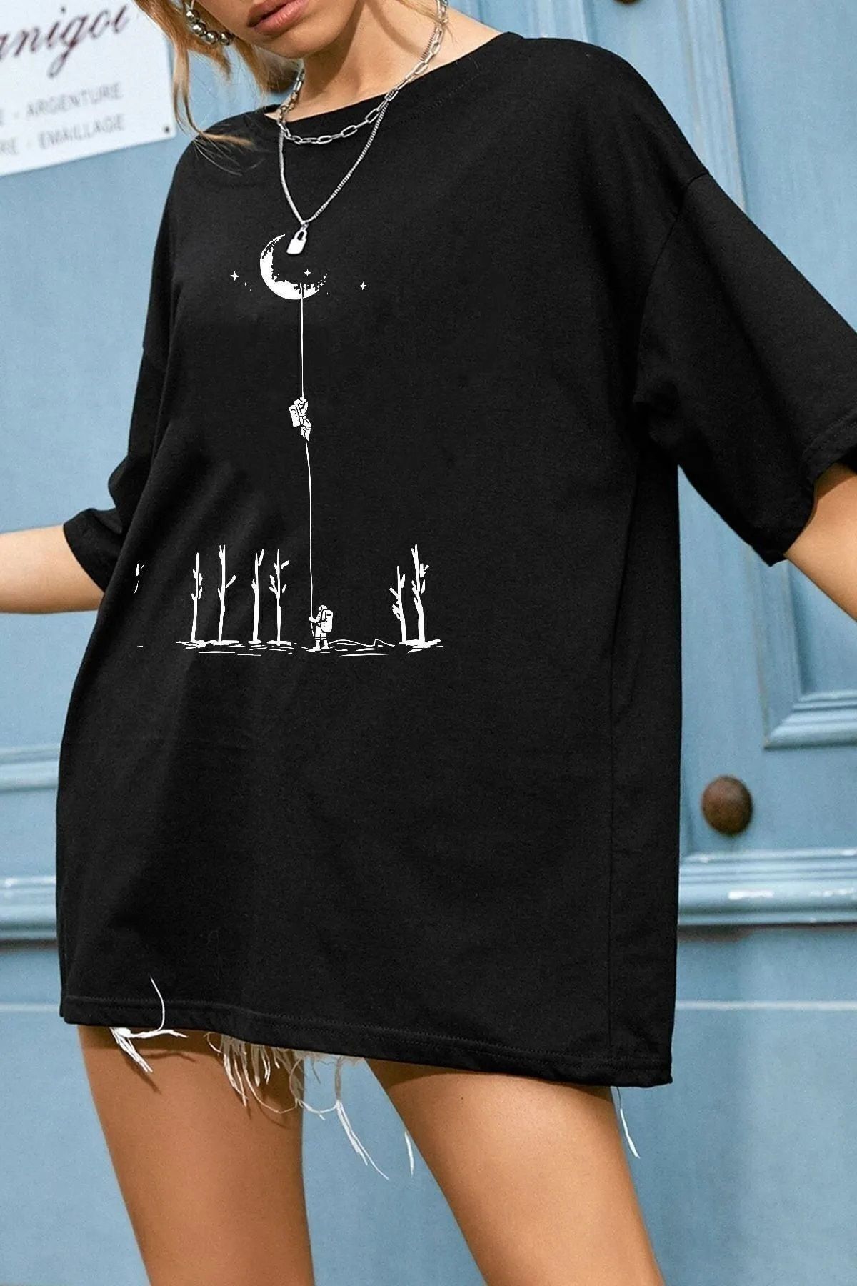 Hunors Sportswear & Company Unisex Kadın/Erkek Oversize Baskılı Pamuklu Bisiklet Yaka Kısa Kollu T-shirt