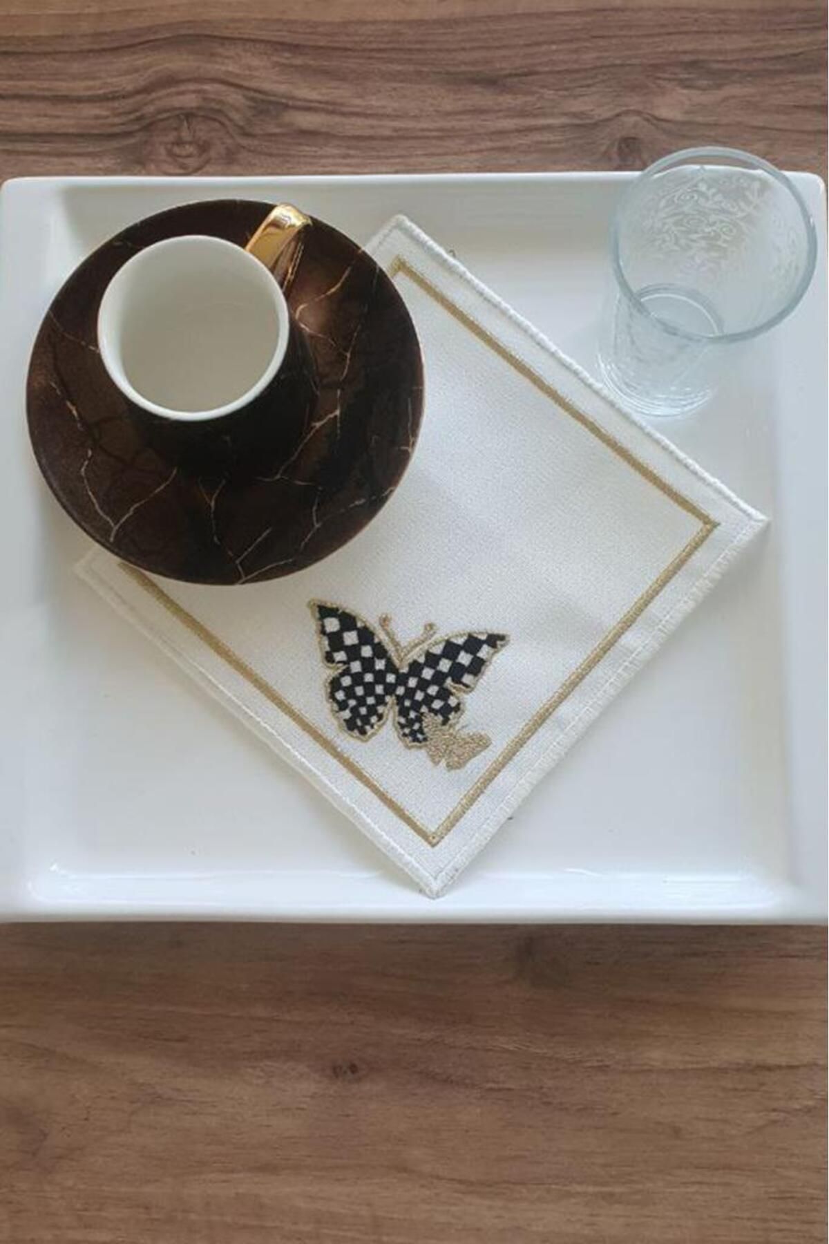 Çeyiz Diyarı Kelebek Nakışlı Keten Kare Bardak Altlığı Seti 6 Lı