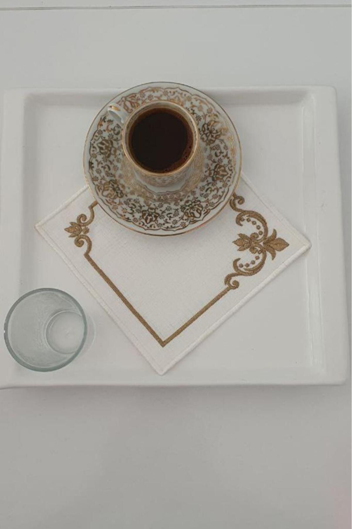 Çeyiz Diyarı Osmanlı Nakışlı Keten Kare Bardak Altlığı Seti 6 Lı
