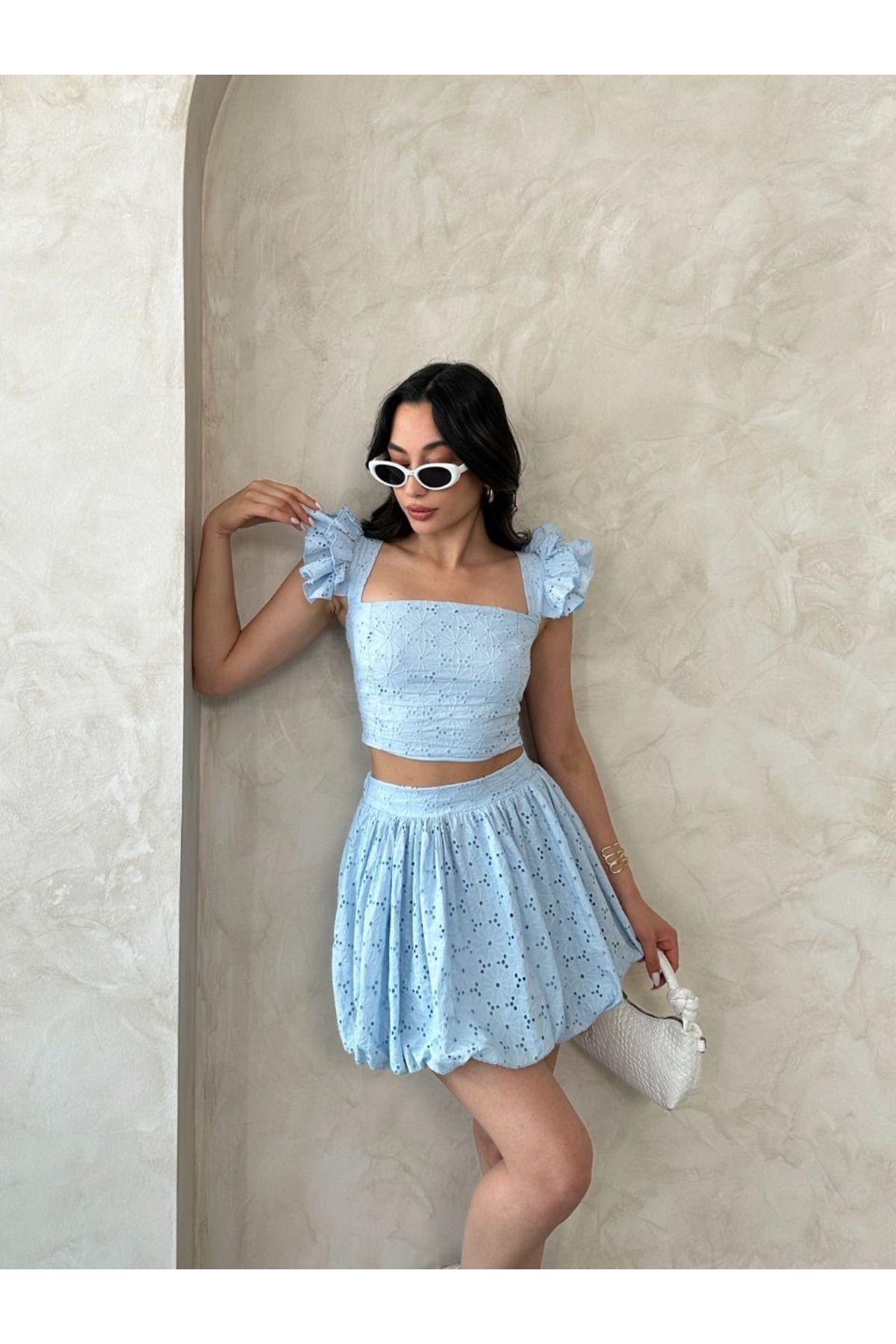Ekim Store Fisto Detay Dantelli Bluz Şort Etek İkili Takım