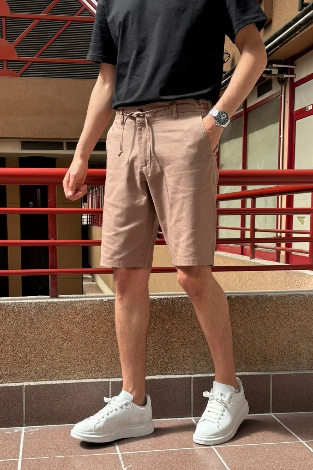 inpool  Erkek, bel bağcıklı, regular fit, Old Money Culture, pamuklu, keten dokuma şort 24INP284 - Görsel 4