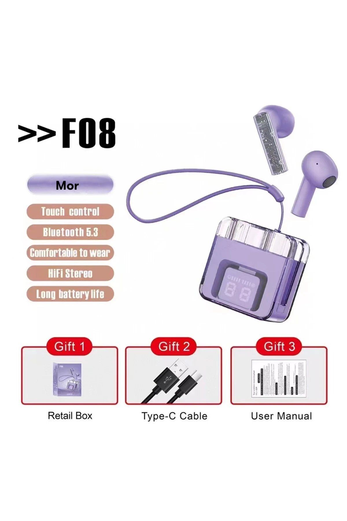 Toptan Bulurum Karler Bass F08 Dijital Şarj Göstergeli TWS Bluetooth Kulaklık - Mor