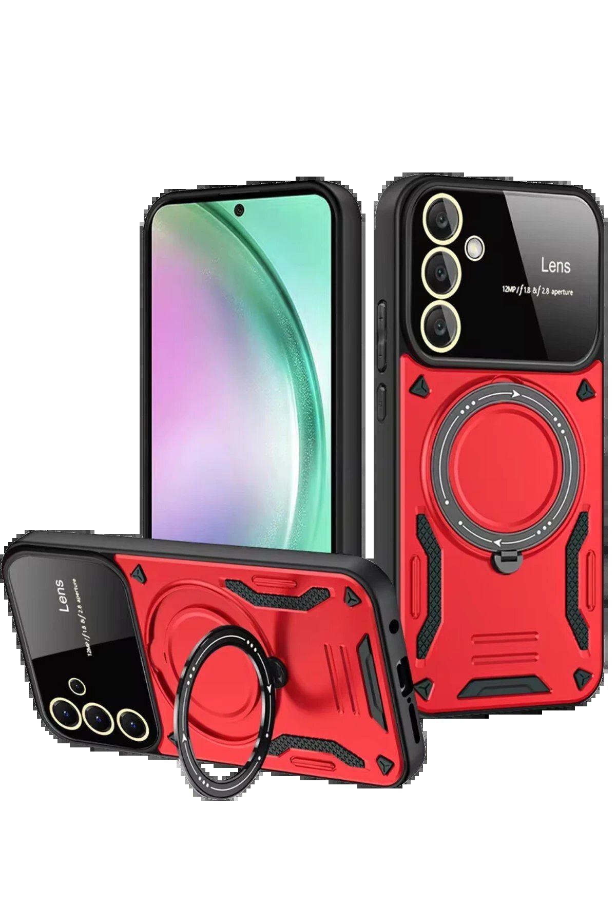 CepteToptan Newface Samsung Galaxy S24 FE Kılıf Joy Lens Standlı Kapak - Kırmızı