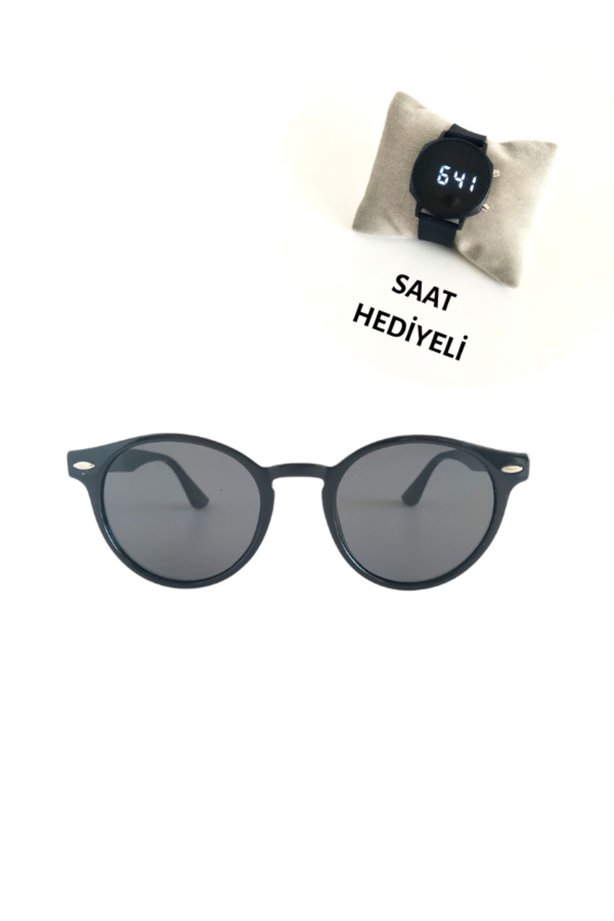 otio Kadın Güneş Gözlüğü Siyah Yuvarlak , Saat Hediyeli
