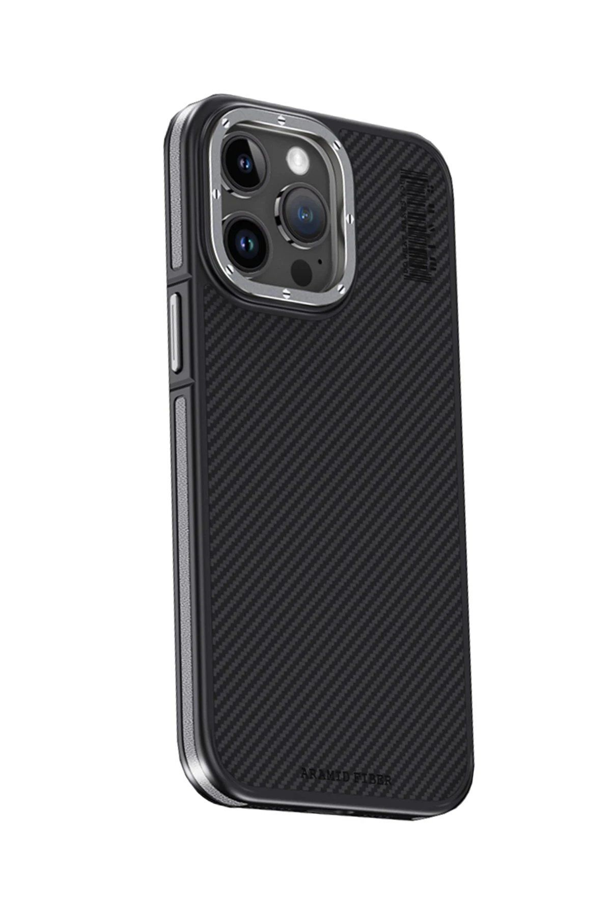 CepteToptan Joko iPhone 15 Pro Max Kılıf Aramid 600D Kevlar Karbon Fiber Magsafe Kapak - Gri