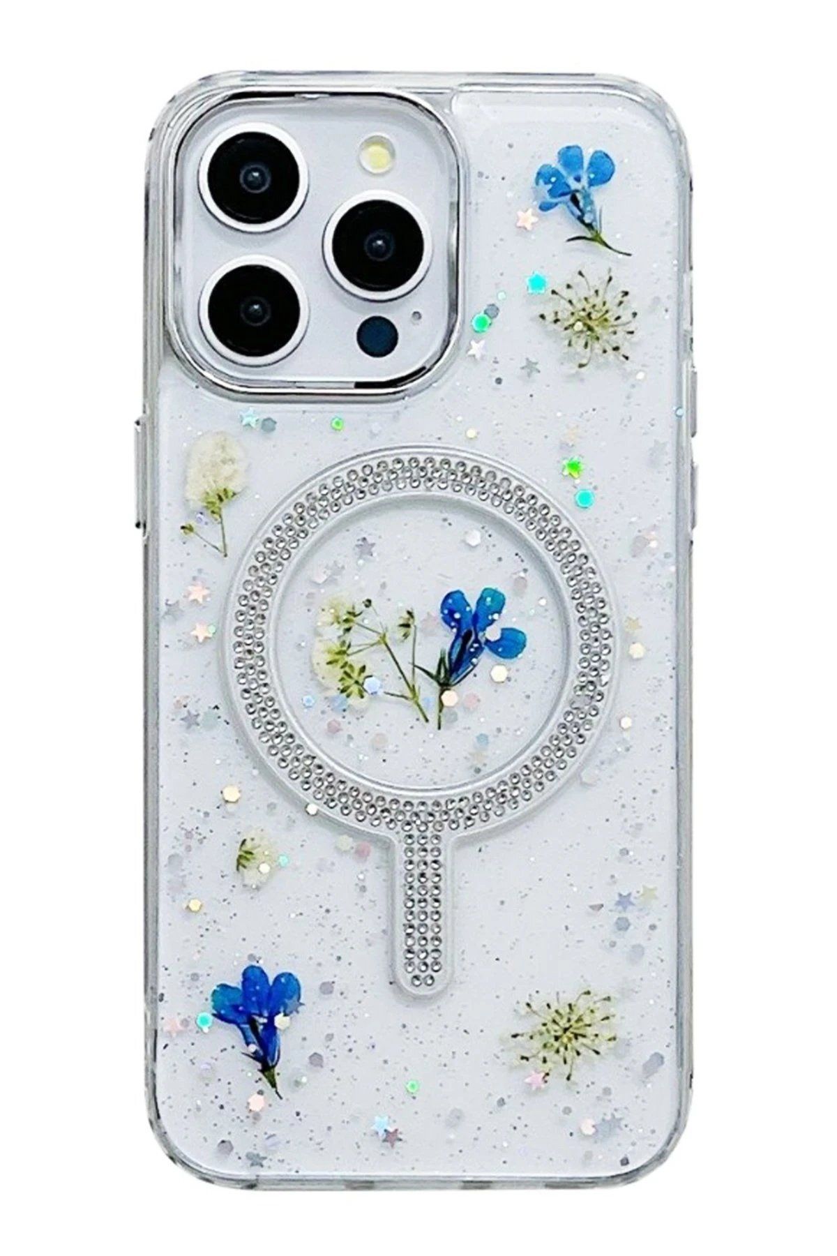 CepteToptan Newface iPhone 15 Pro Max Flower Magsafe Kapak - Krem