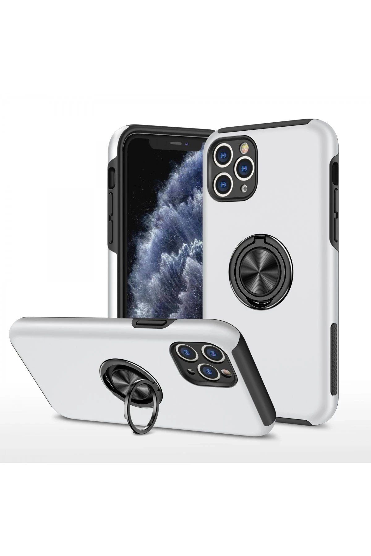 CepteToptan Newface iPhone 11 Pro Max Kılıf Elit Yüzüklü Kapak - Gümüş