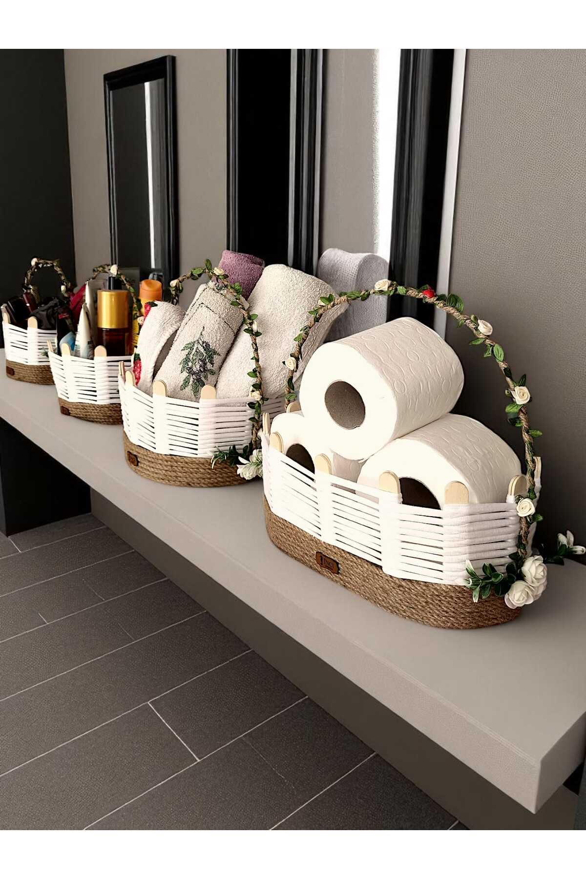 İNCİ sepette Sarmaşıklı Beyaz Hasır sepet seti, Çiçekli ve yapraklı, 4'Lü takım el emeği PREMİUM / DELUXE