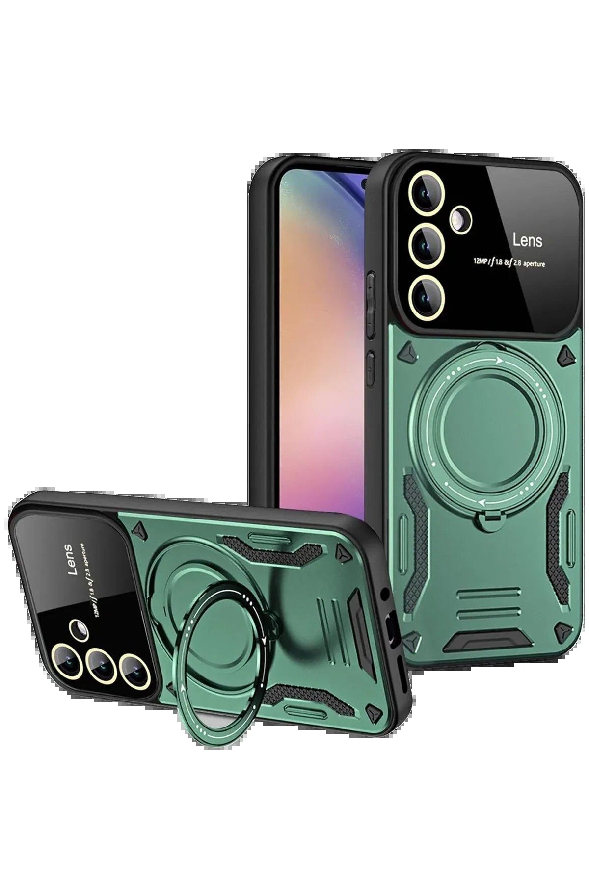 CepteToptan Newface Samsung Galaxy S24 FE Kılıf Joy Lens Standlı Kapak - Koyu Yeşil