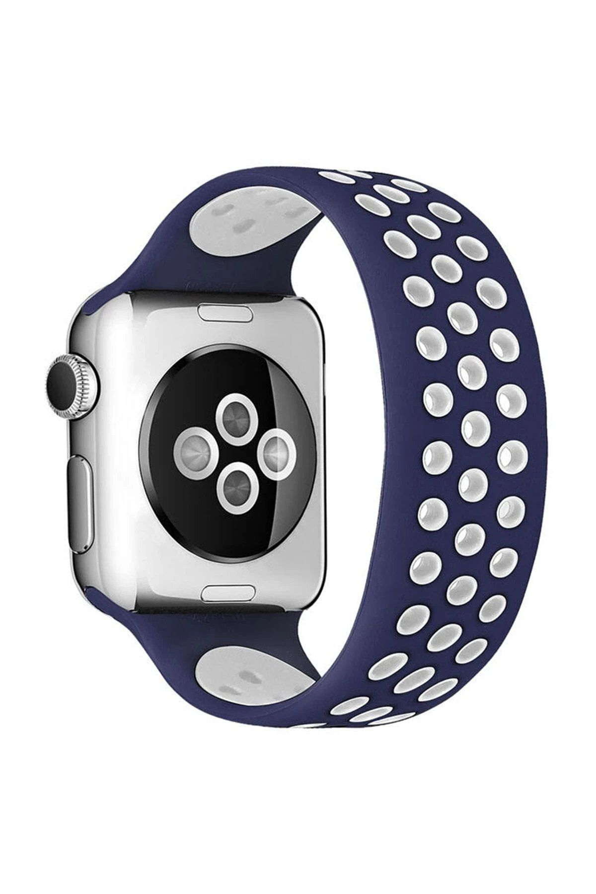 CepteToptan Newface Apple Watch 42mm Ayarlı Delikli Silikon Kordon - Lacivert-Beyaz