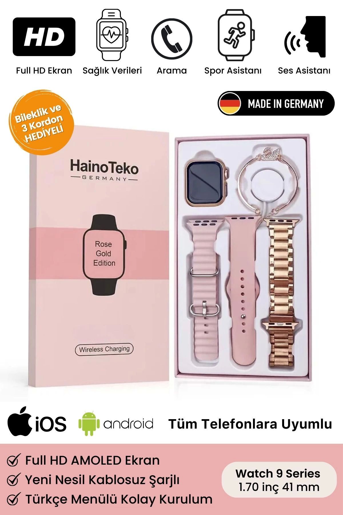 MT29 GİYİM Yeni Nesil 3 Kordonlu Kadın Akıllı Saat Spor Ve Sağlık Sensörlü Watch 9 Series Tasarım Saat Pembe