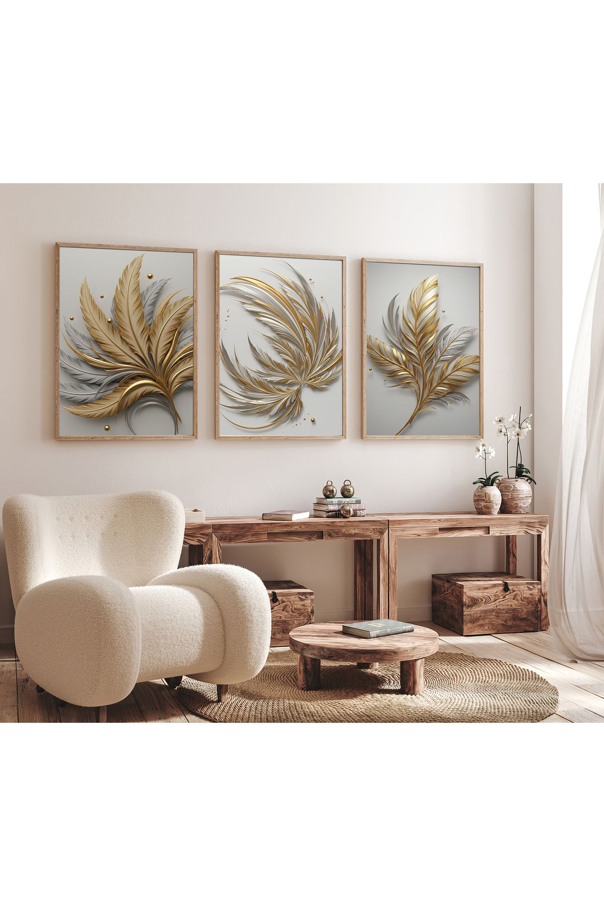 sames decoration Altın kuş tüyleri - Dijital sanat - Üçlü tablo
