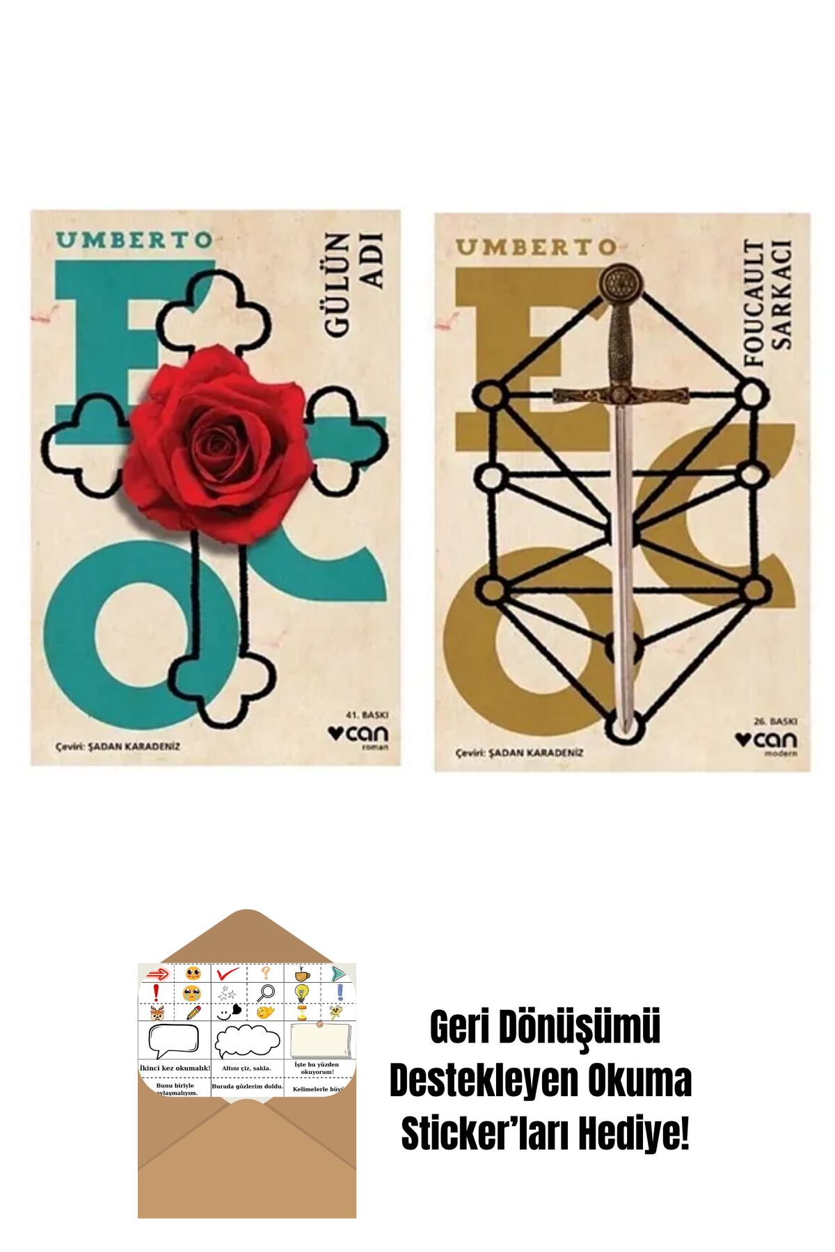 Can Yayınları Umberto Eco / Gülün Adı - Foucault Sarkacı / 2 Kitap Set + Okuma Sticker'ları